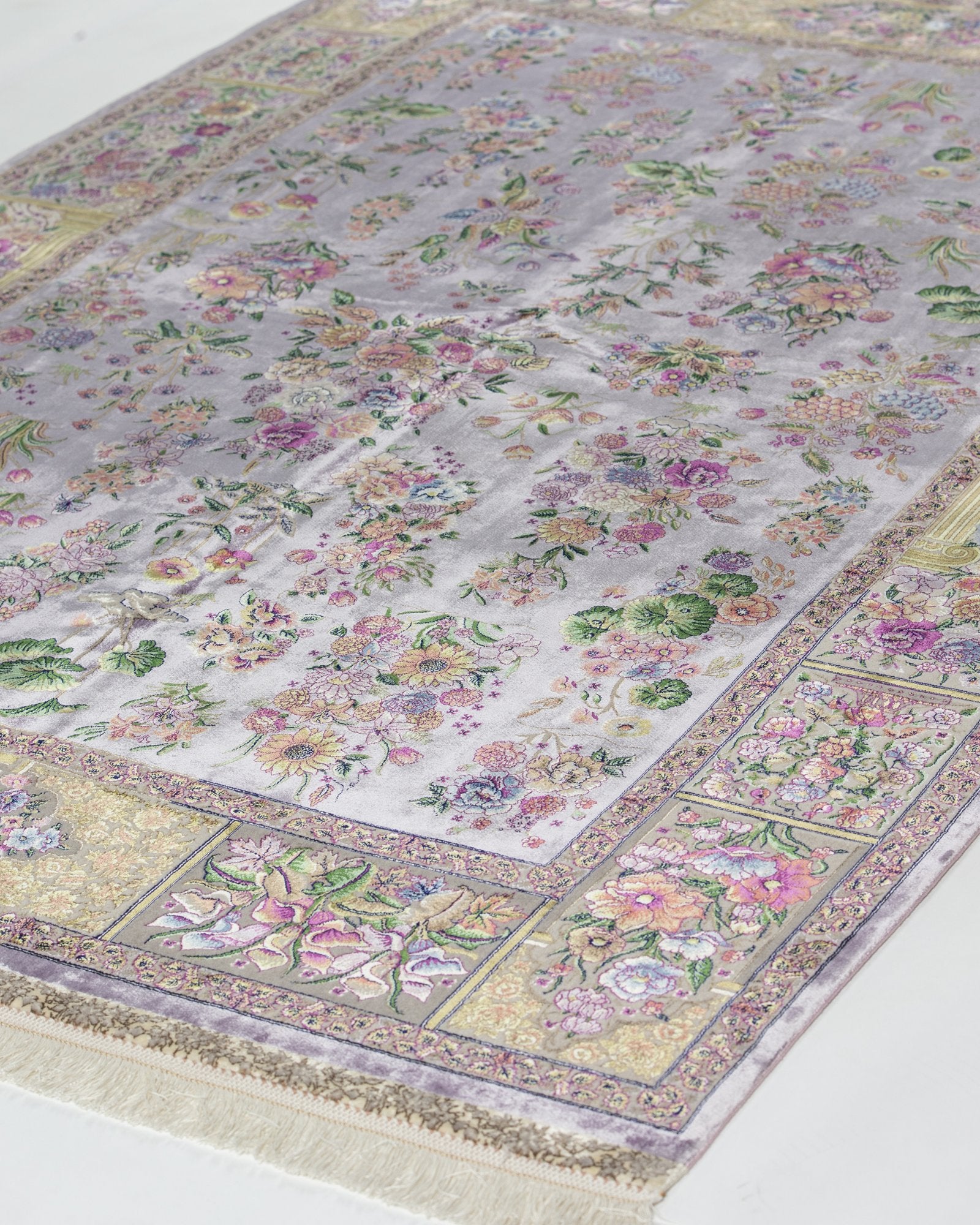 Flora Persian silk and wool carpet design detail, lilac 225x150 cm - Tabeer Homes Dubai