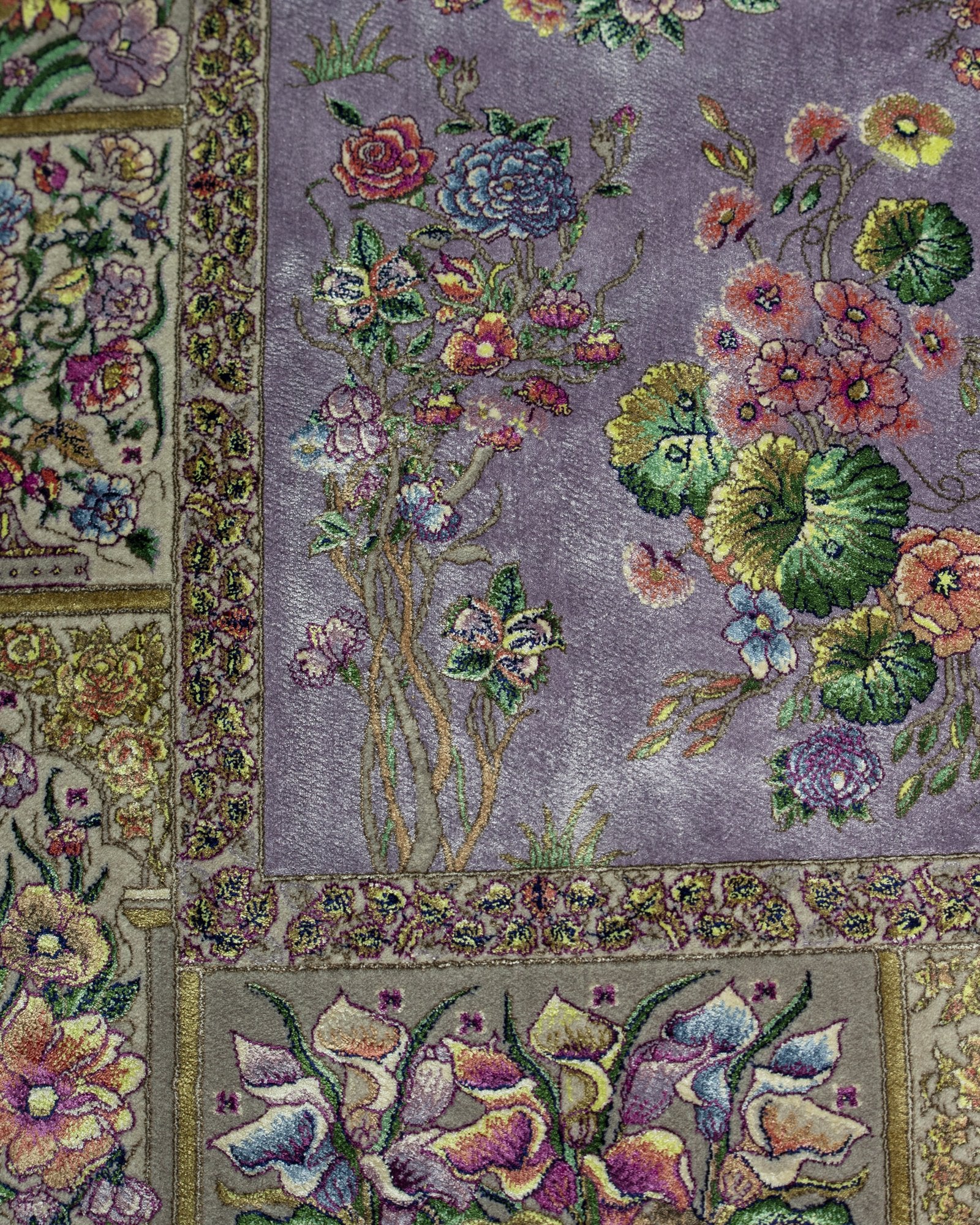 Flora Persian silk and wool carpet pile texture close-up, lilac 225x150 cm - Tabeer Homes Dubai