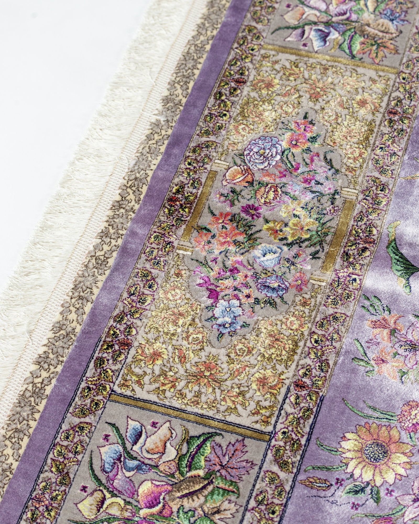 Flora Persian silk and wool carpet full angled view, lilac 225x150 cm - Tabeer Homes Dubai