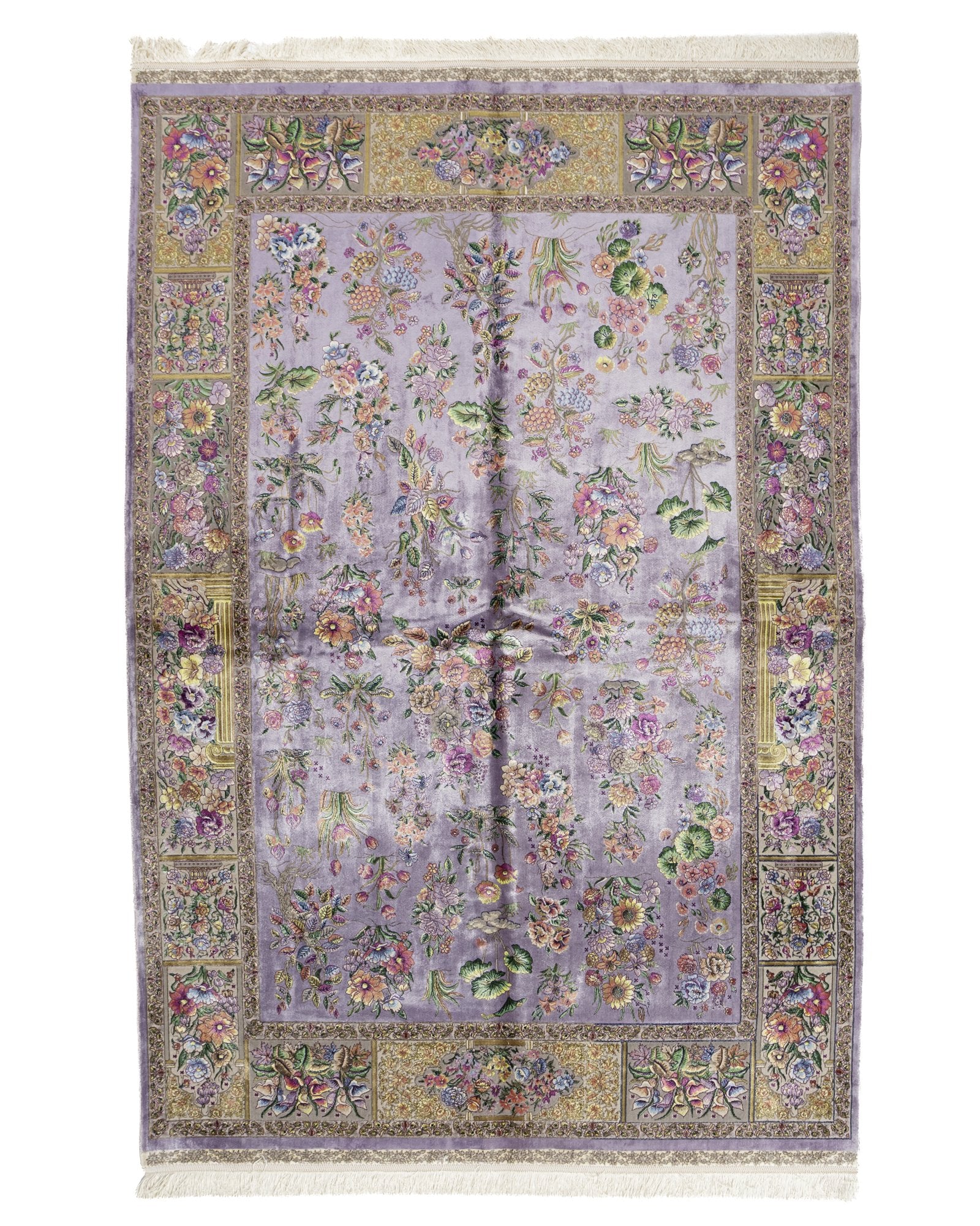 Flora Persian silk and wool carpet 225x150 cm in lilac, full overhead view - Tabeer Homes Dubai