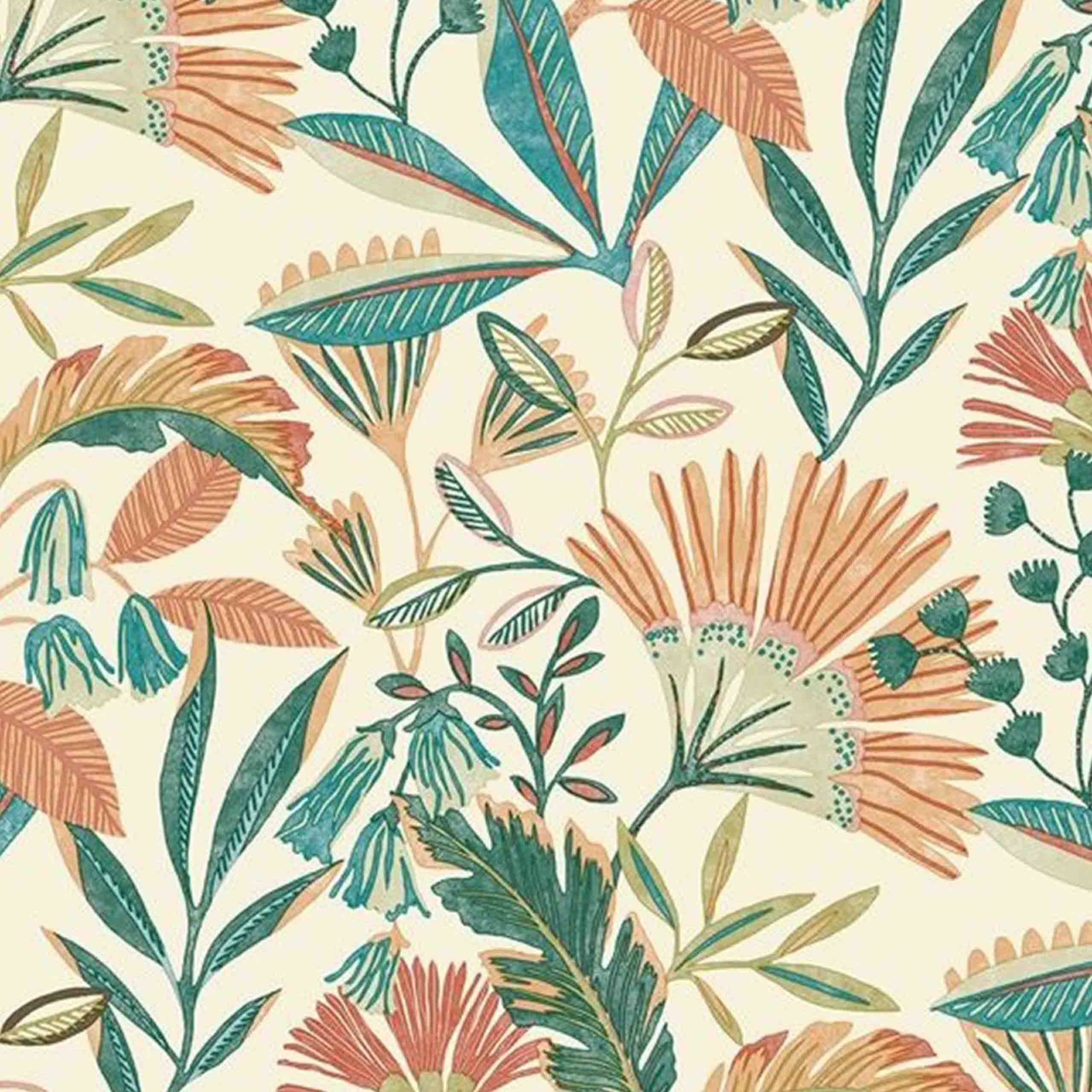 Florentia vinyl wallpaper featuring vibrant botanical and floral patterns in green and orange tones, perfect for refreshing and stylish interiors.