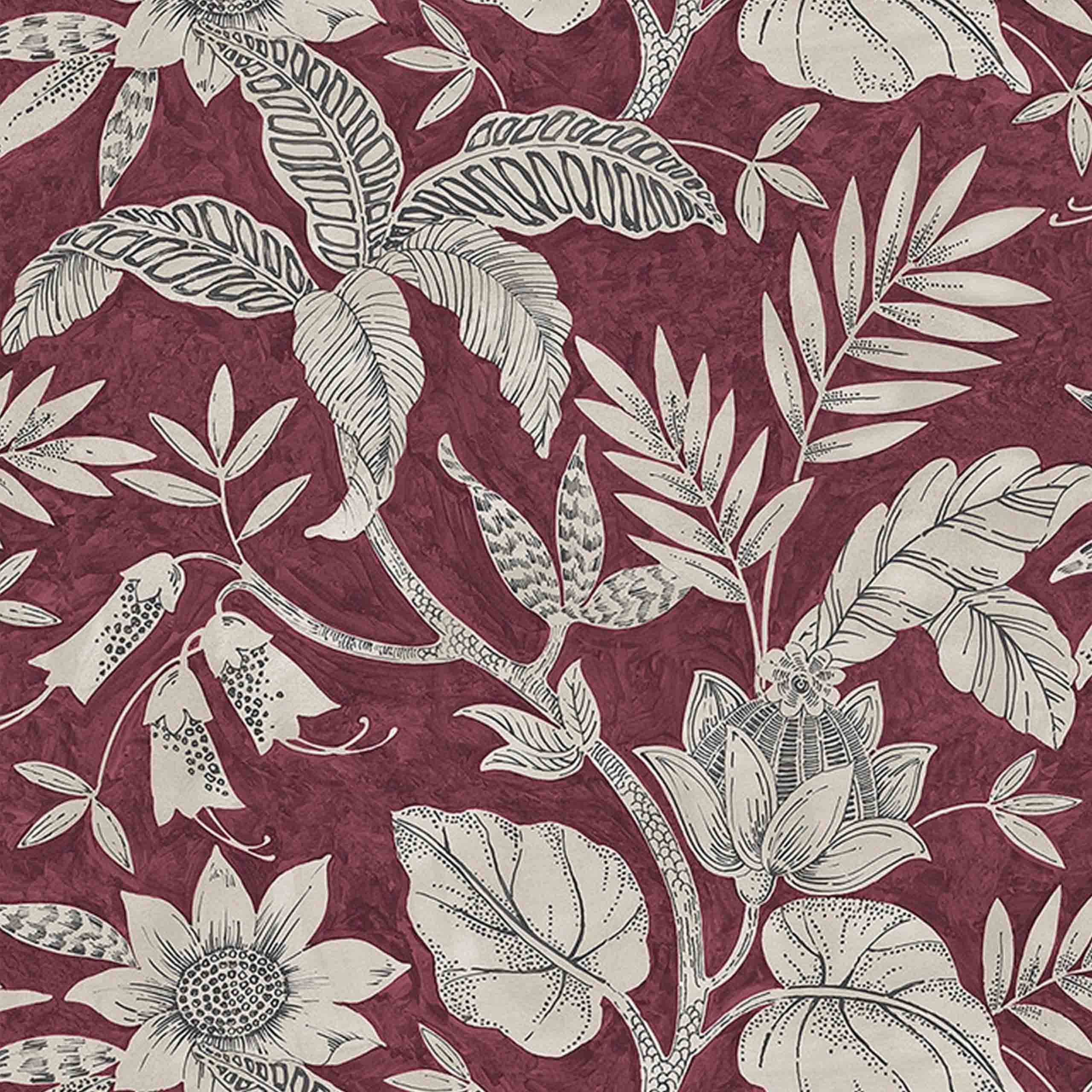 Florenza paper wallpaper featuring elegant floral patterns in deep red and grey tones, perfect for creating a bold and sophisticated interior.