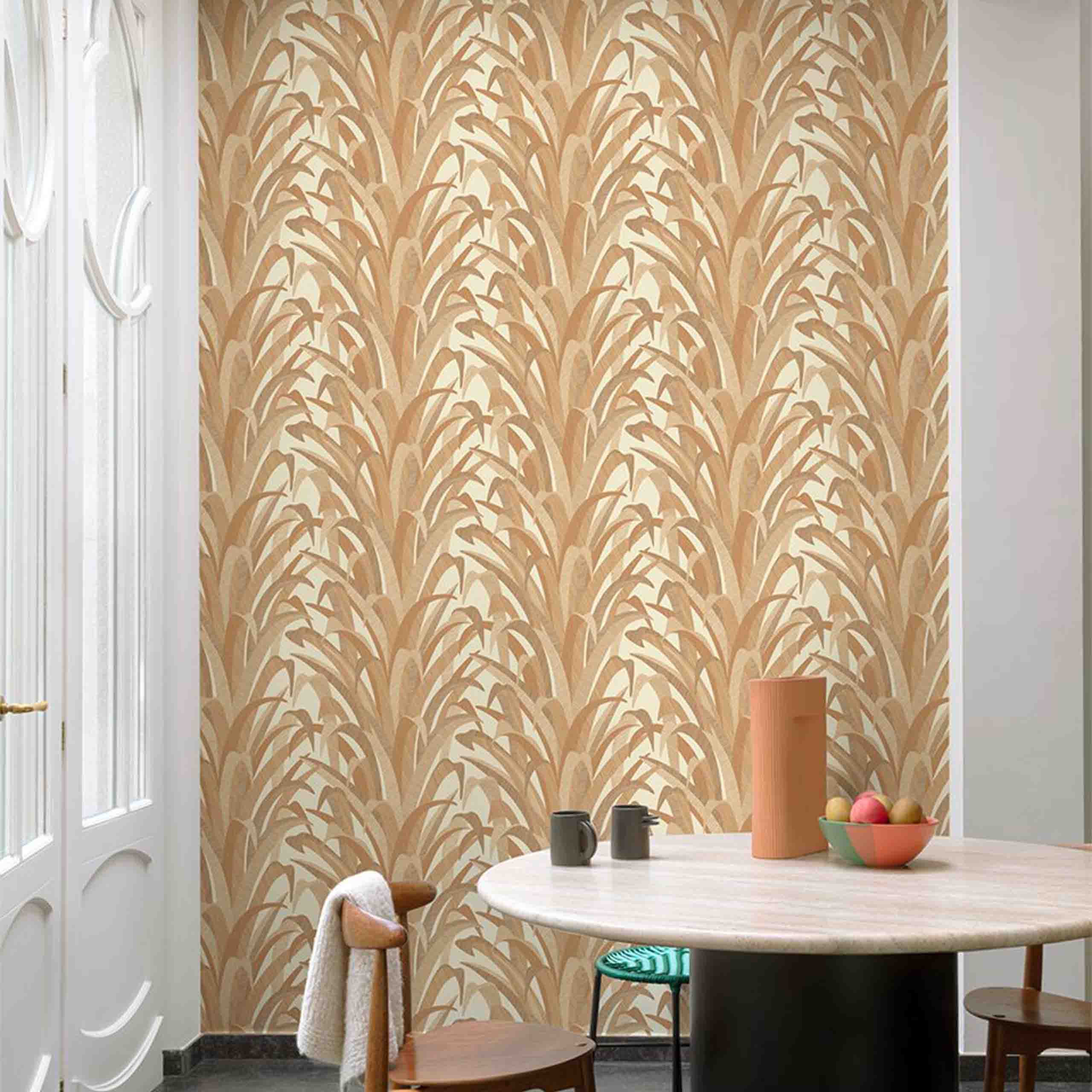 Light brown and orange botanical wallpaper in a room setting, perfect for modern interiors.