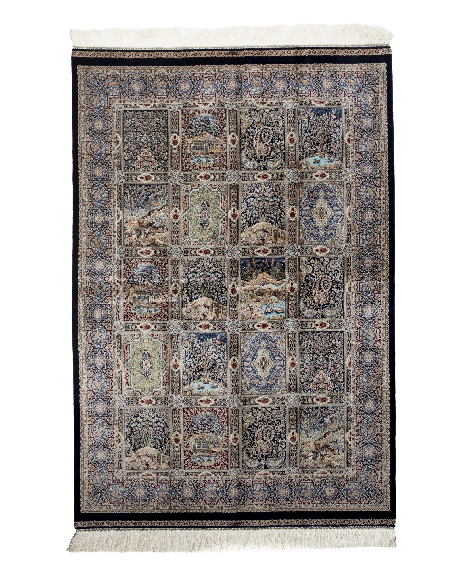 Golbahar navy silk rug 180 x 120 cms with a garden panel design