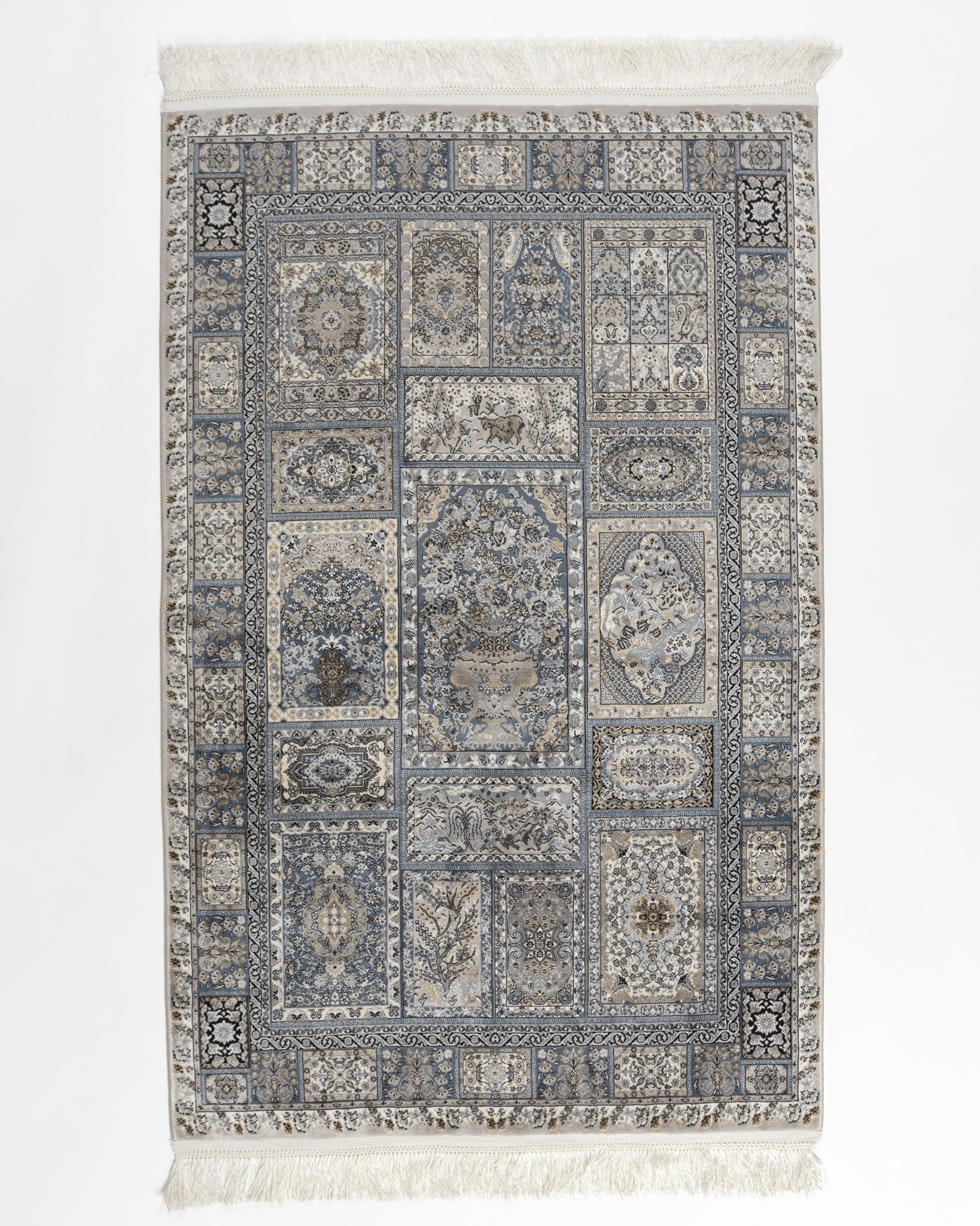 Golestan silver grey silk rug 150 x 100 cms with a garden panel design