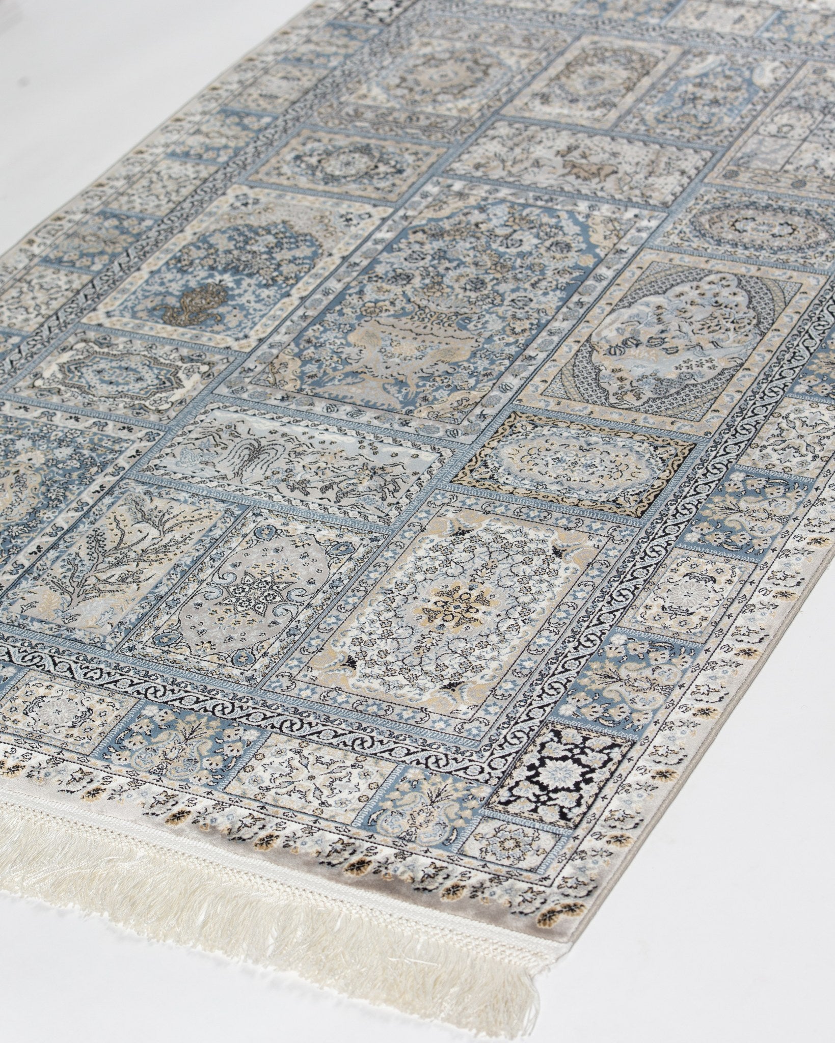 Golestan silk rug garden panels in grey and blue