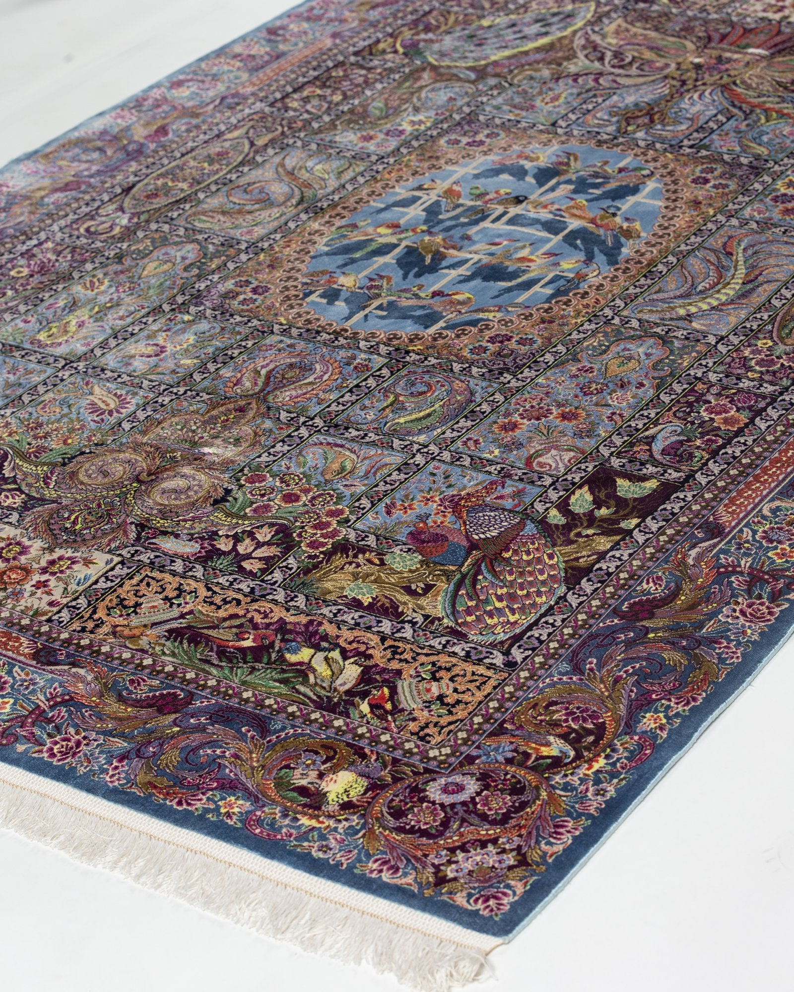 Golzar Persian silk and wool carpet design detail, lavender 225x150 cm - Tabeer Homes Dubai