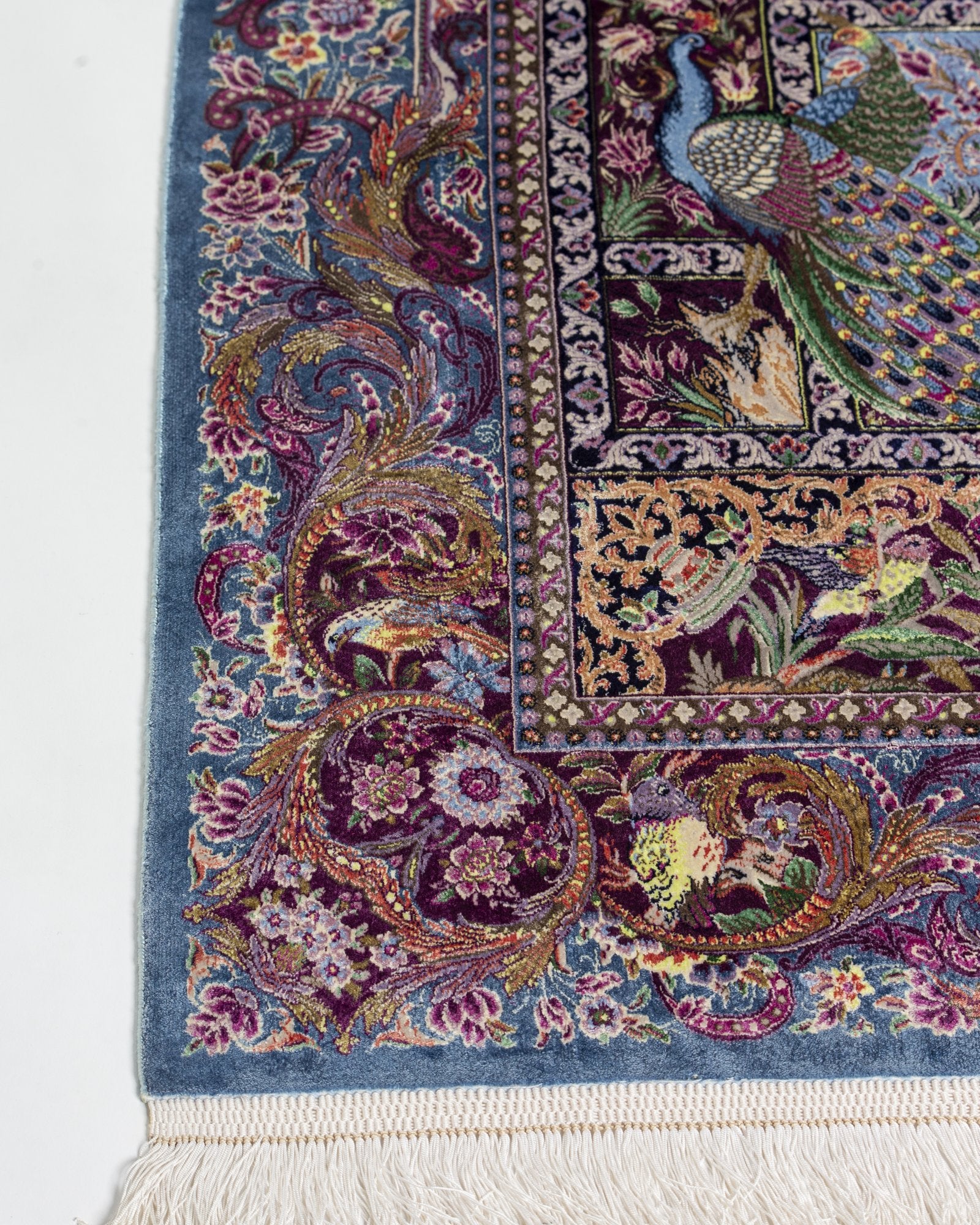 Golzar Persian silk and wool carpet corner and fringe detail, lavender 225x150 cm - Tabeer Homes Dubai