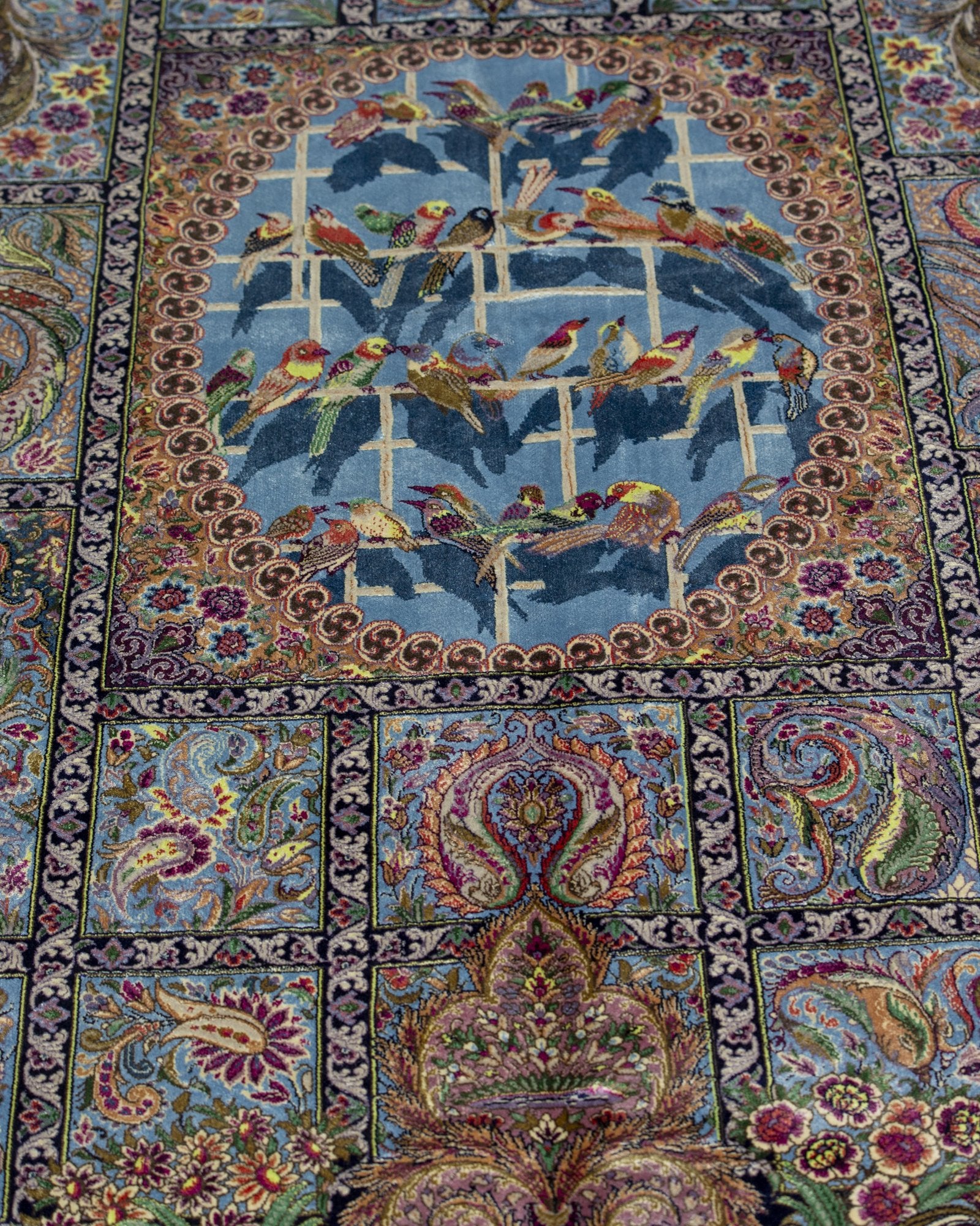 Golzar Persian silk and wool carpet pile texture close-up, lavender 225x150 cm - Tabeer Homes Dubai