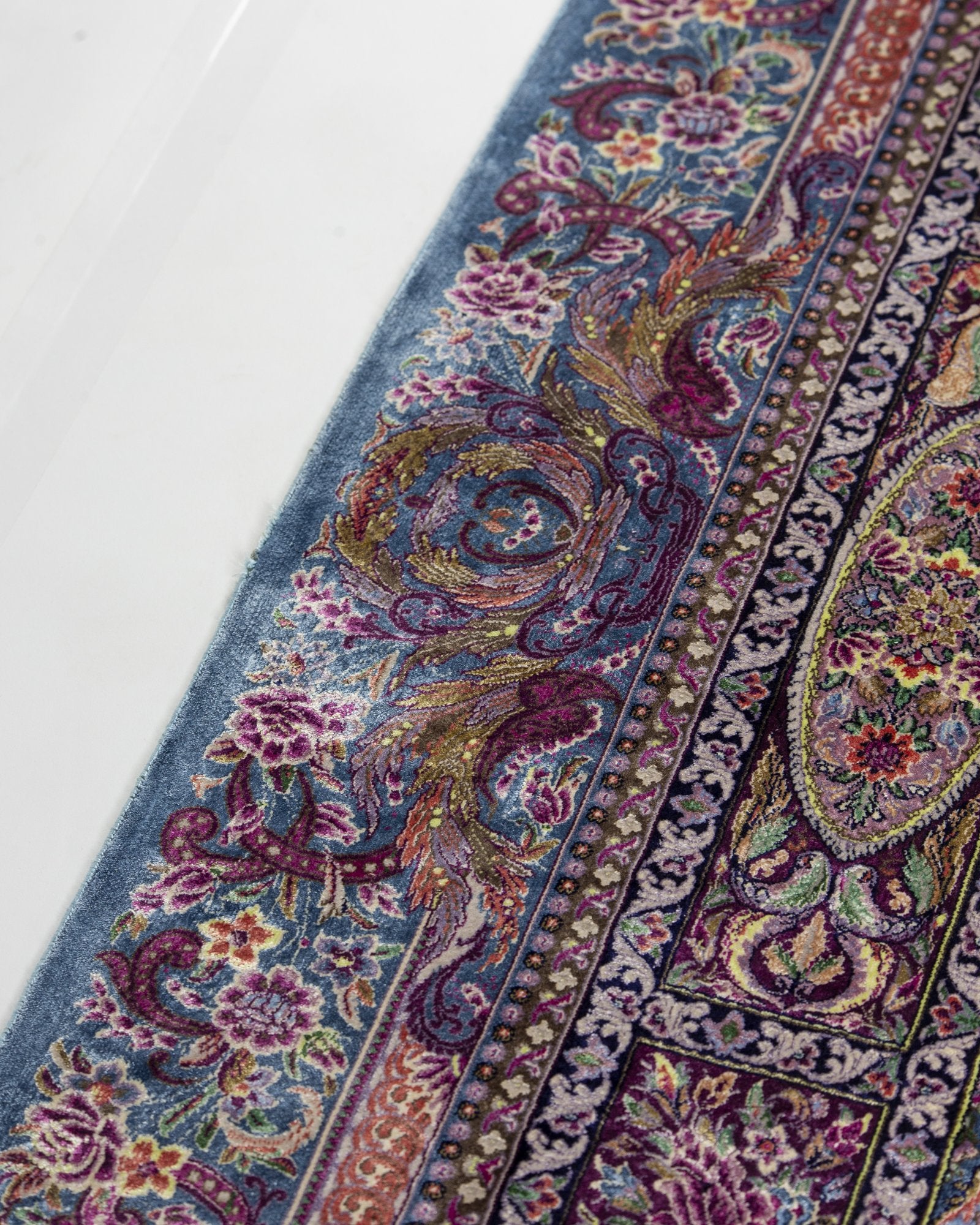 Golzar Persian silk and wool carpet full angled view, lavender 225x150 cm - Tabeer Homes Dubai