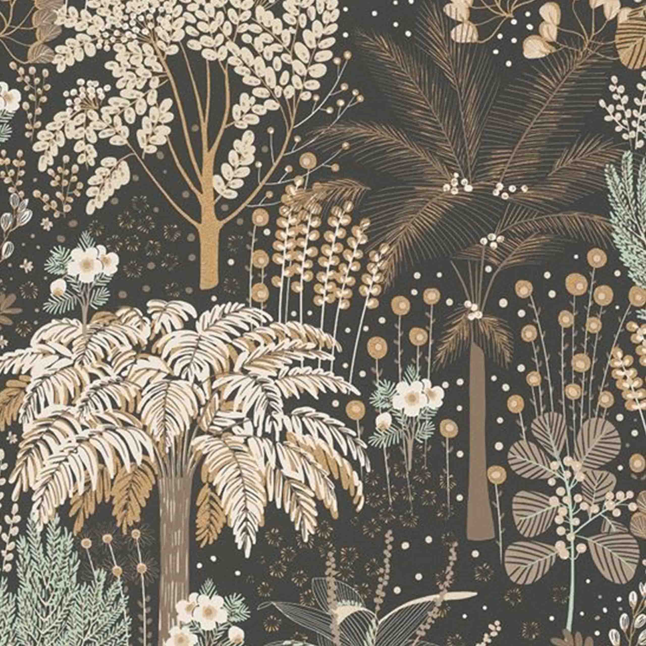 A botanical wallpaper with elegant brown and cream floral patterns on a vinyl material.