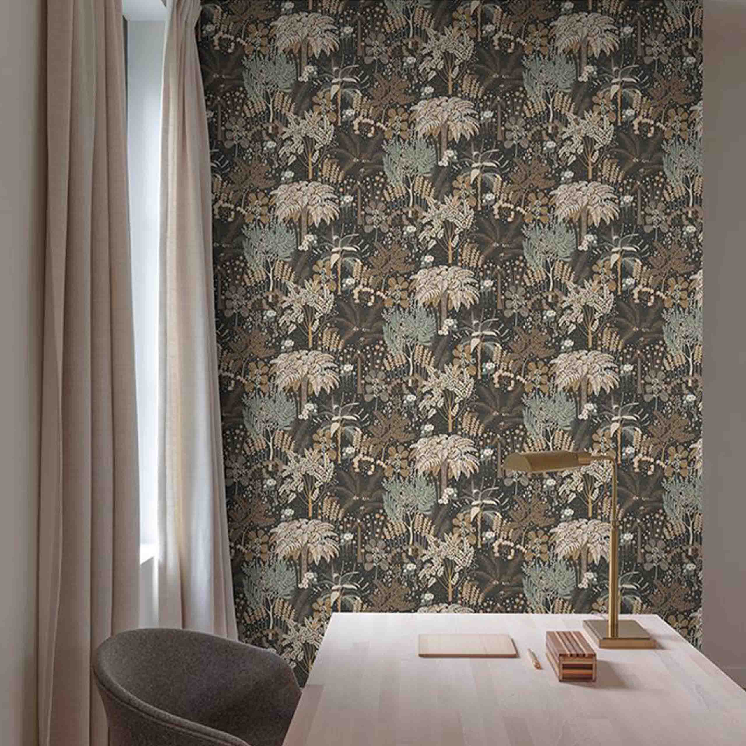 A stylish room adorned with Grove wallpaper, featuring intricate botanical designs in warm brown and cream shades.