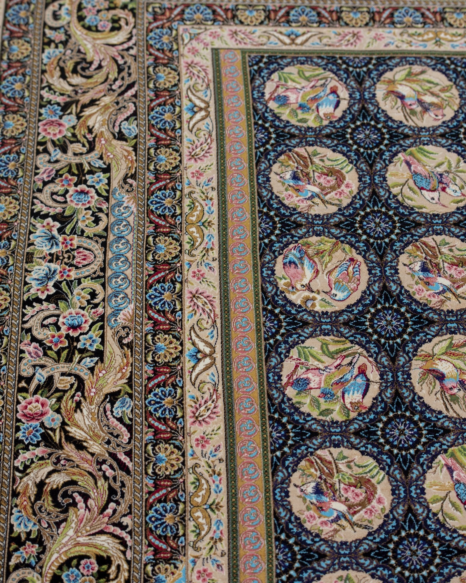 Homa silk carpet floral motif close-up in black and gold, 200 x 300 cm - Tabeer Homes Dubai
