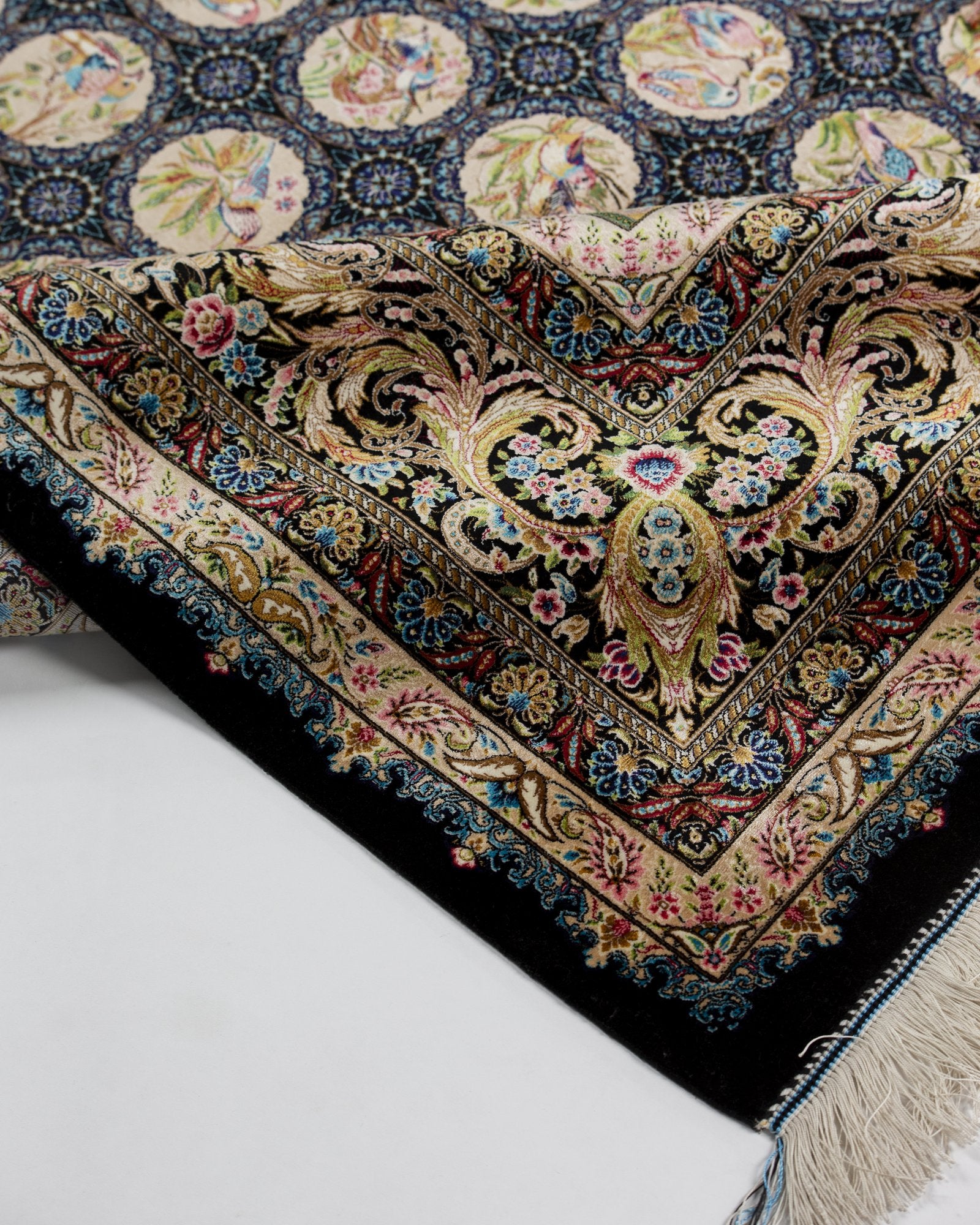 Homa silk carpet field pattern detail in black and gold, 200 x 300 cm - Tabeer Homes Dubai