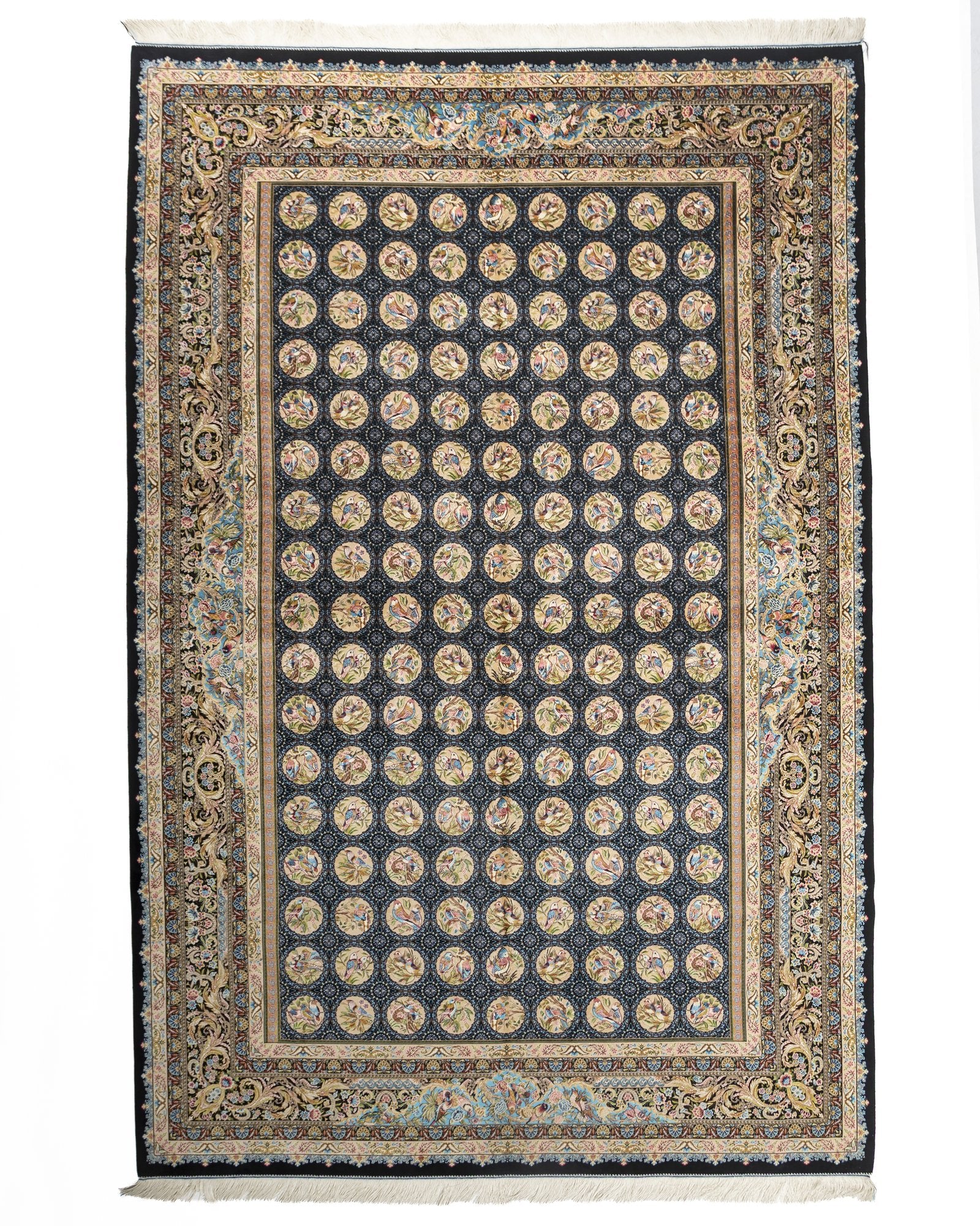 Homa Persian silk carpet 200 x 300 cm in black and gold, full overhead view - Tabeer Homes Dubai