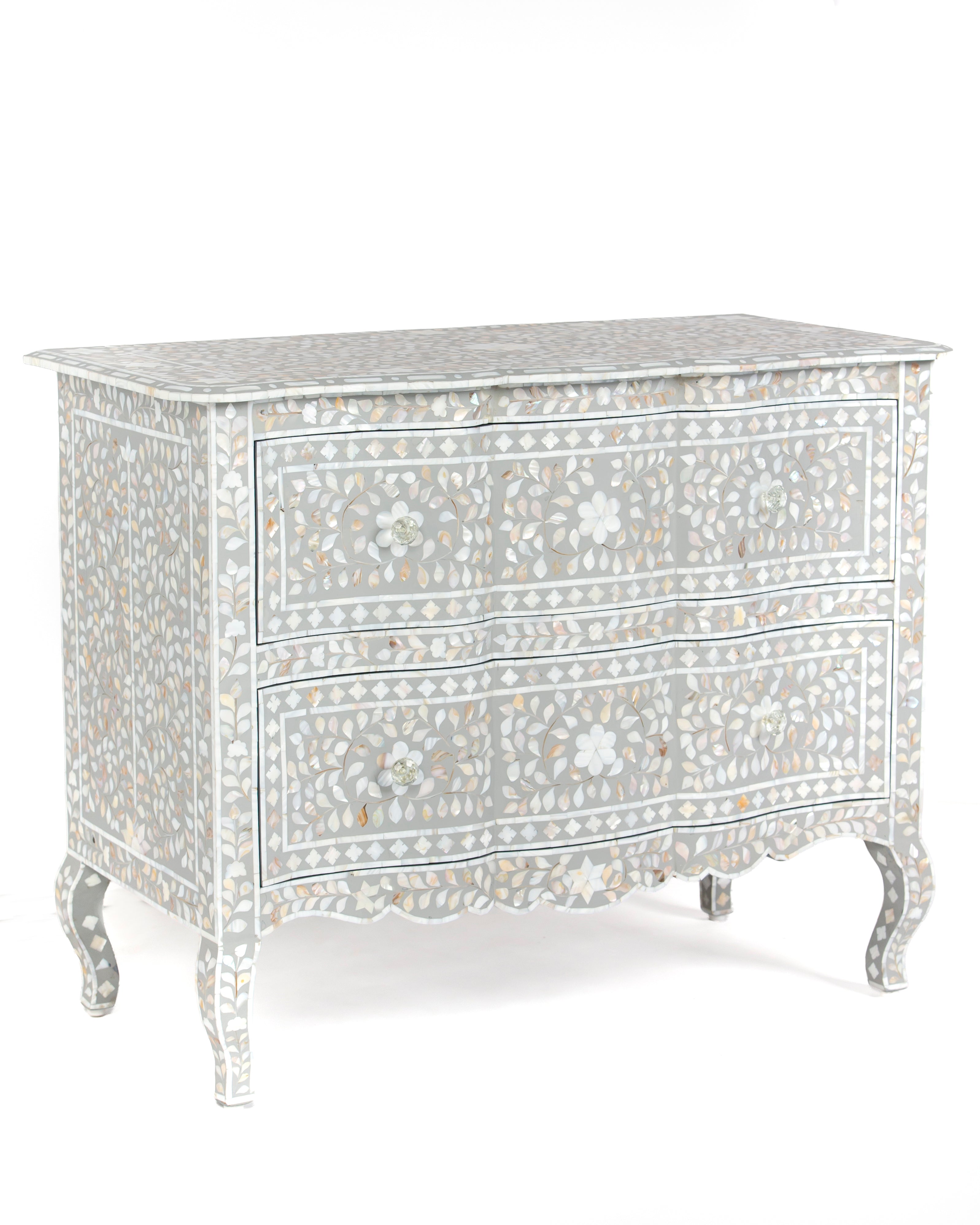 Iris grey mother of pearl chest of drawers, left angle view