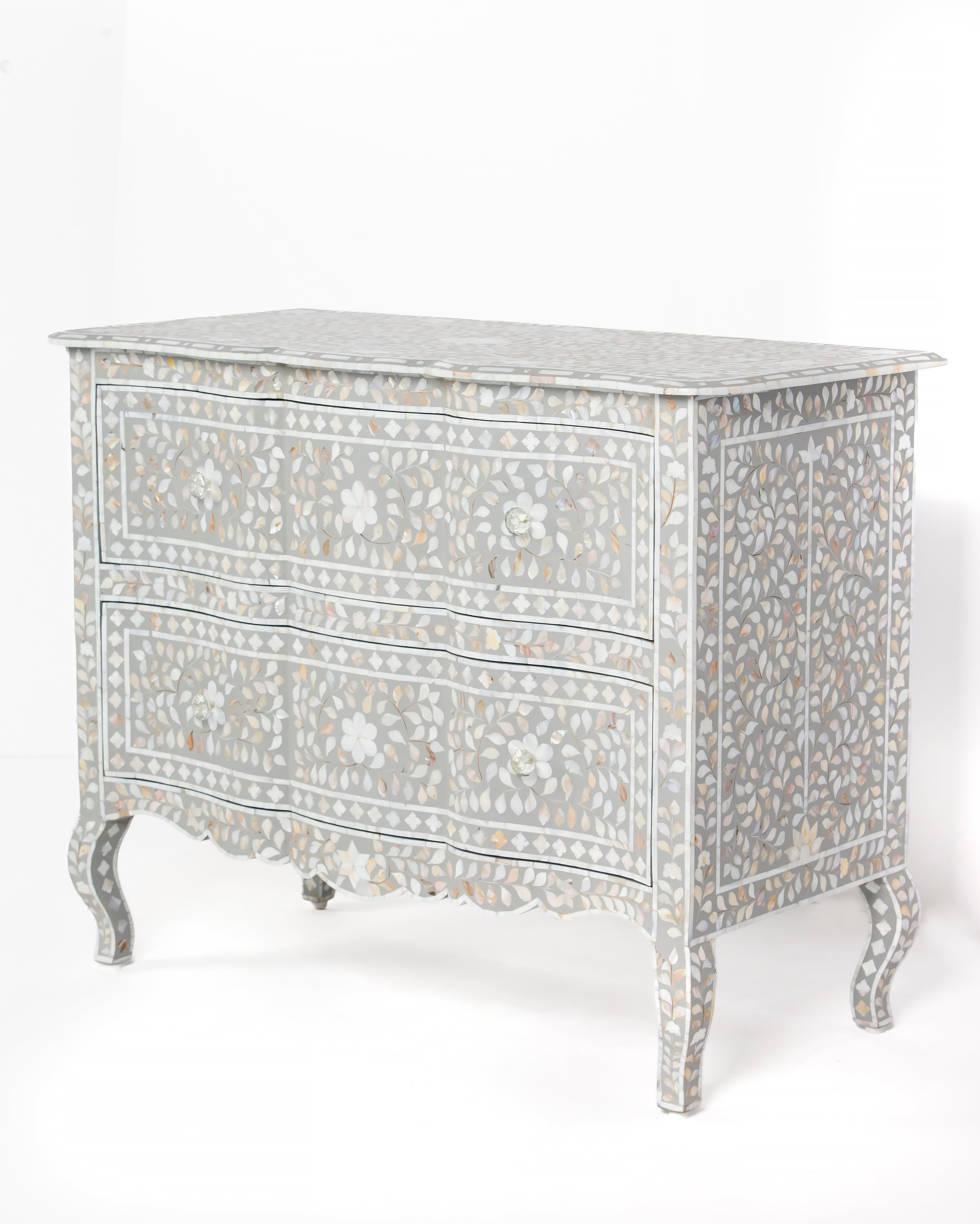Iris grey mother of pearl inlay chest of drawers, right angle view