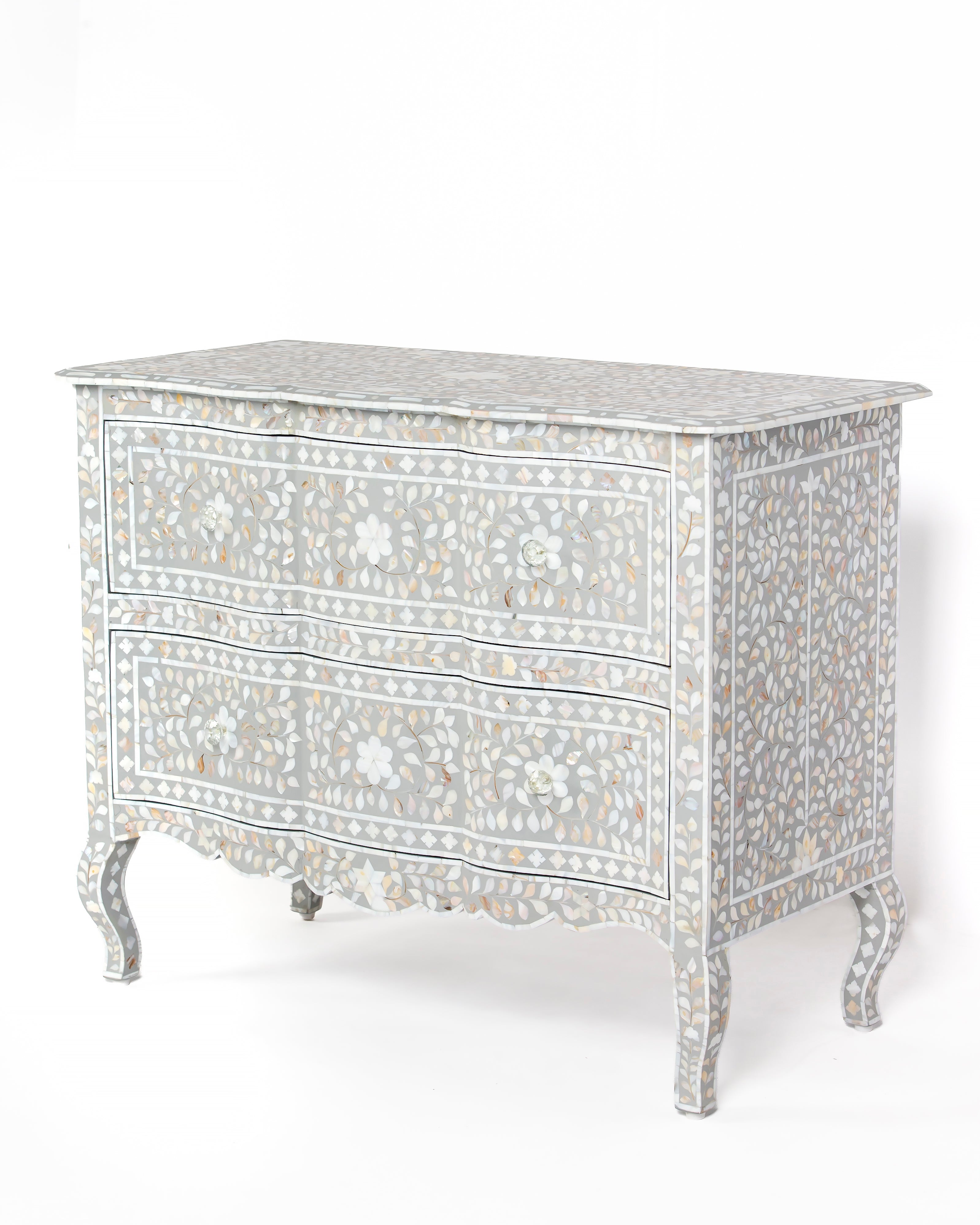 Grey mother of pearl inlay chest of drawers, angled side view