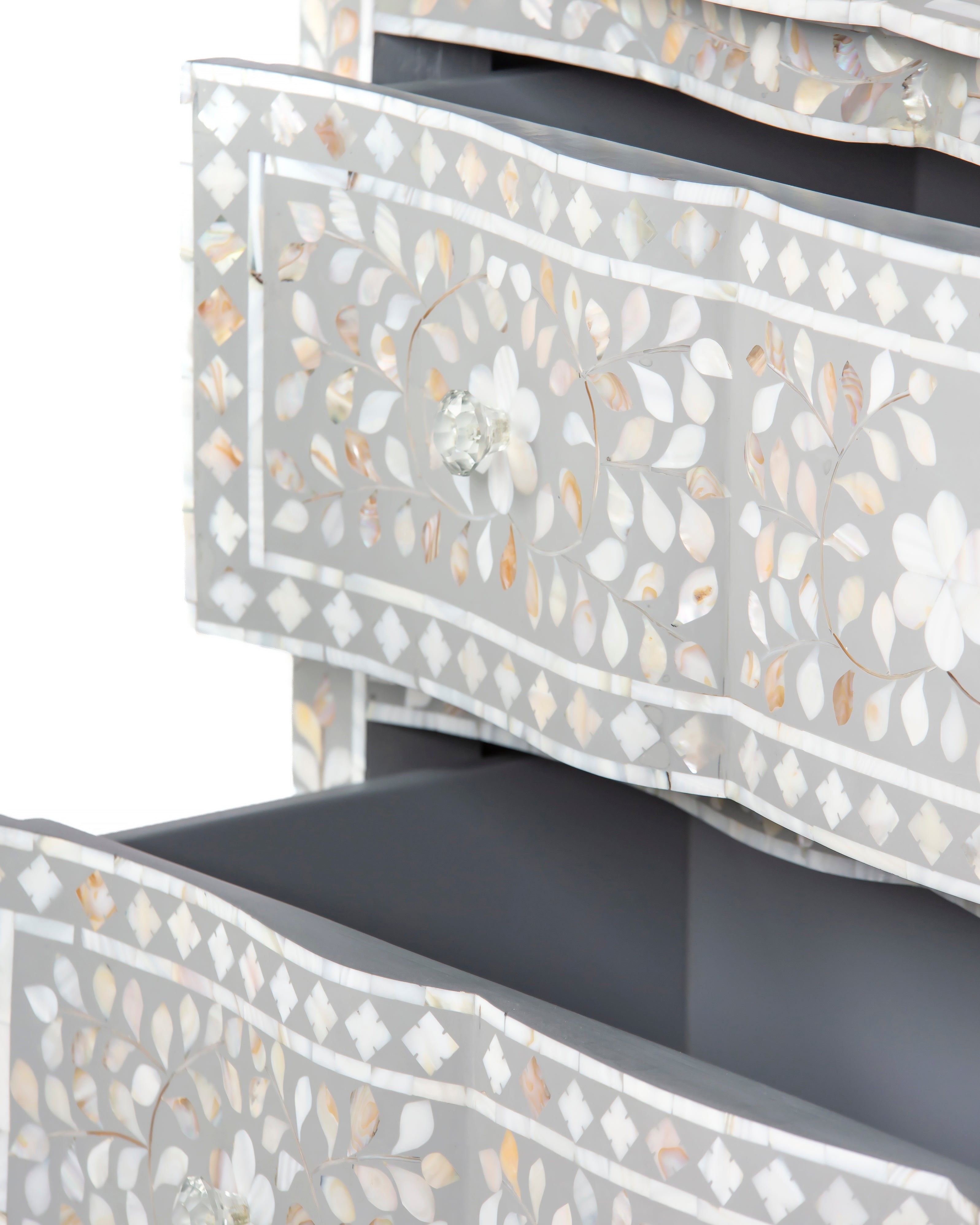 Open drawer interior of Iris grey mother of pearl chest of drawers
