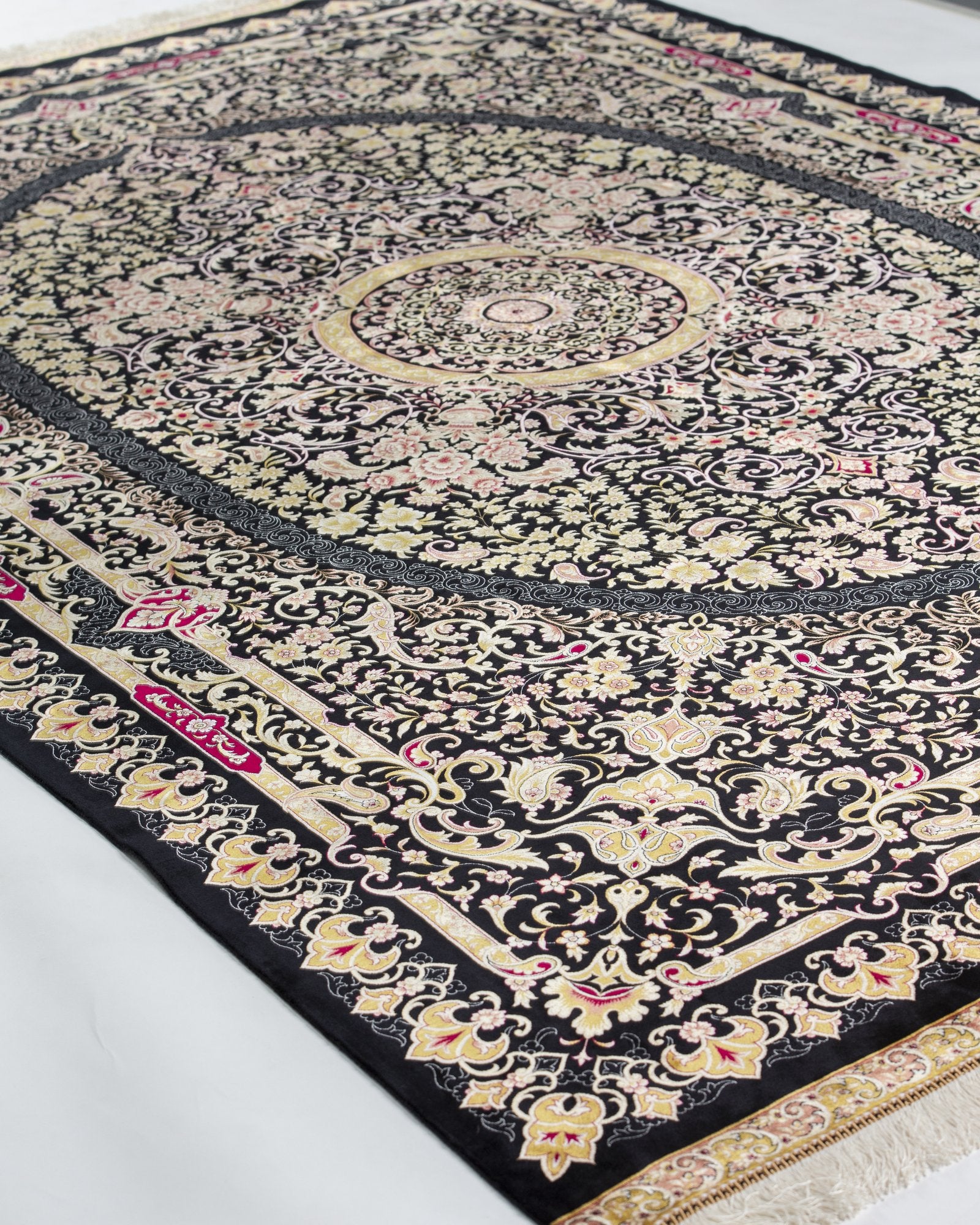 Isolde Persian silk carpet design detail in black and gold, 200 x 300 cm - Tabeer Homes Dubai