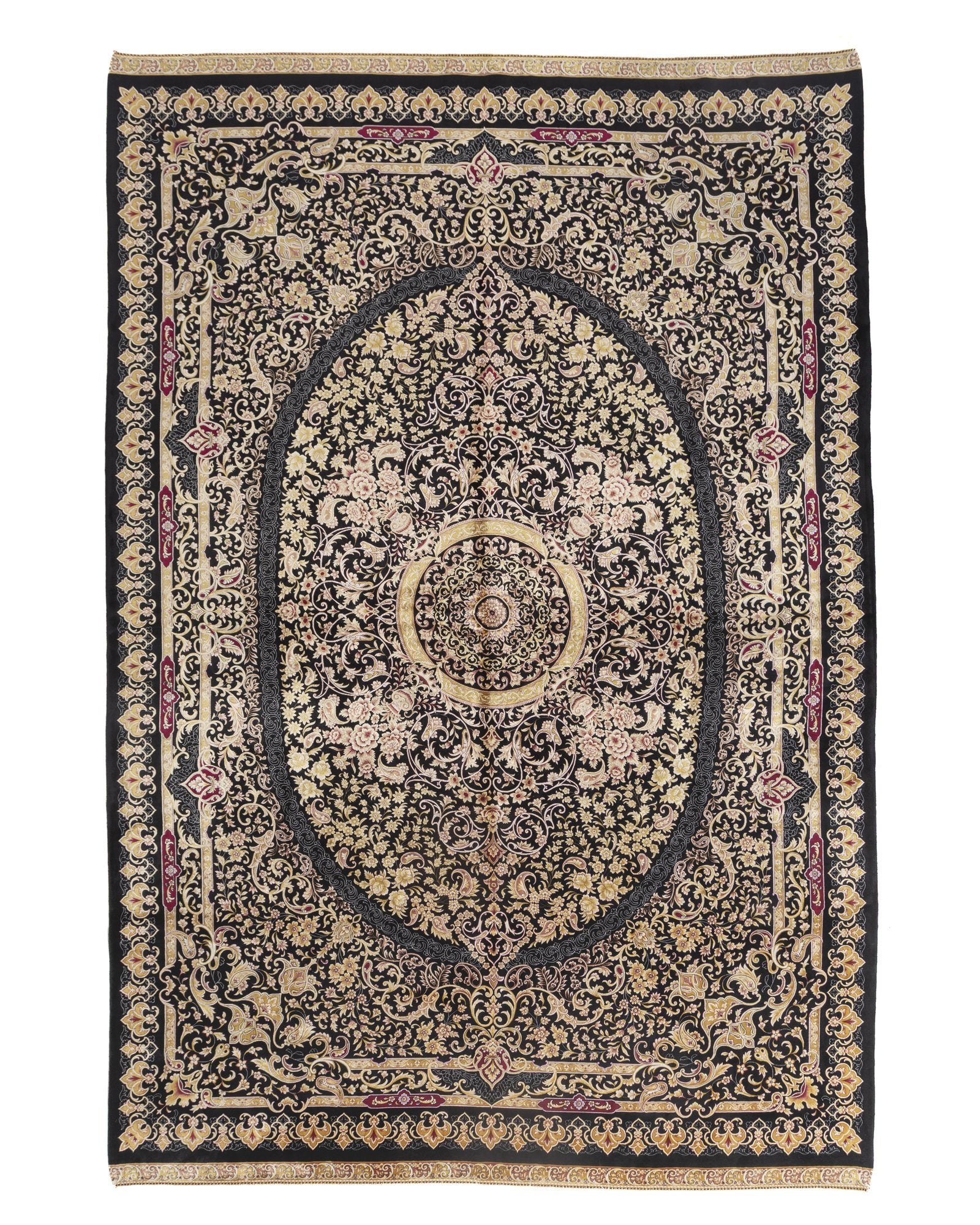 Isolde Persian silk carpet 200 x 300 cm in black and gold, full overhead view - Tabeer Homes Dubai