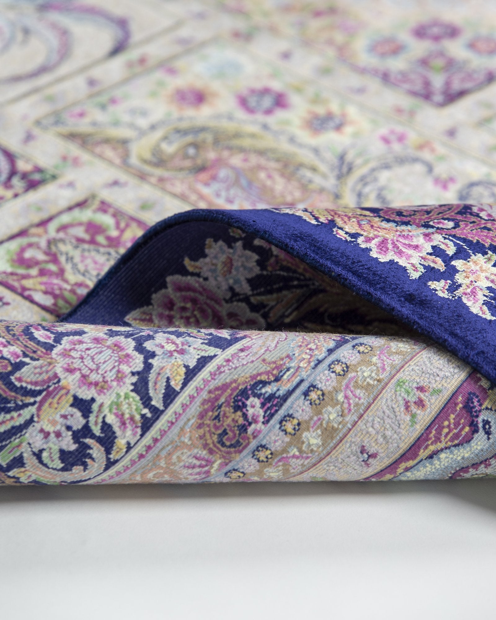 Katayoun Persian silk and wool rug edge binding and back detail, violet 200 x 300 cm - Tabeer Homes Dubai