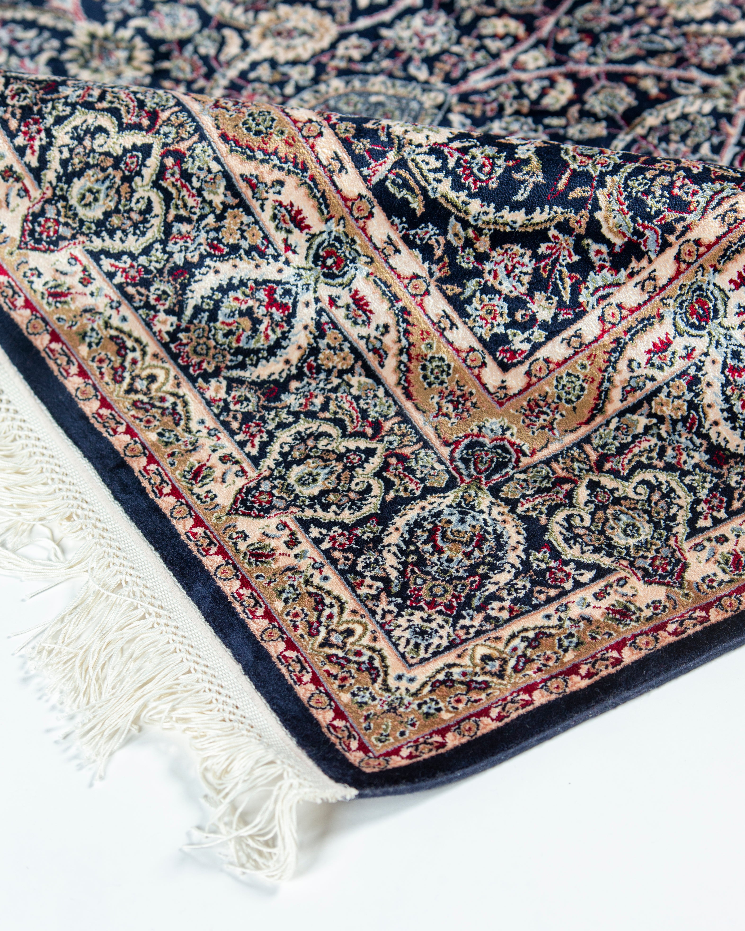 Corner border and fringe of Layla navy silk rug
