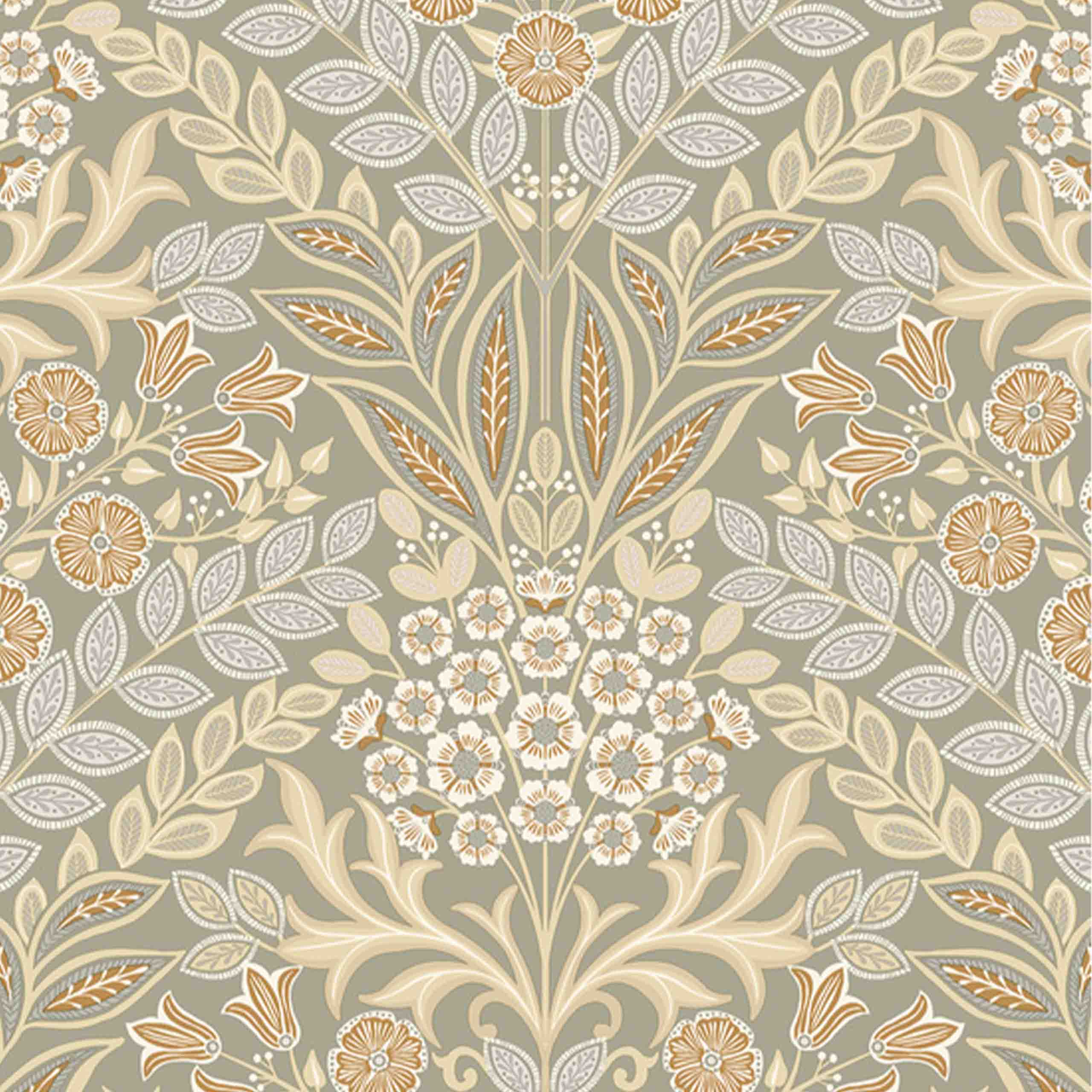 Liora vinyl wallpaper showcasing elegant floral patterns in taupe tones, perfect for adding classic charm to any interior.