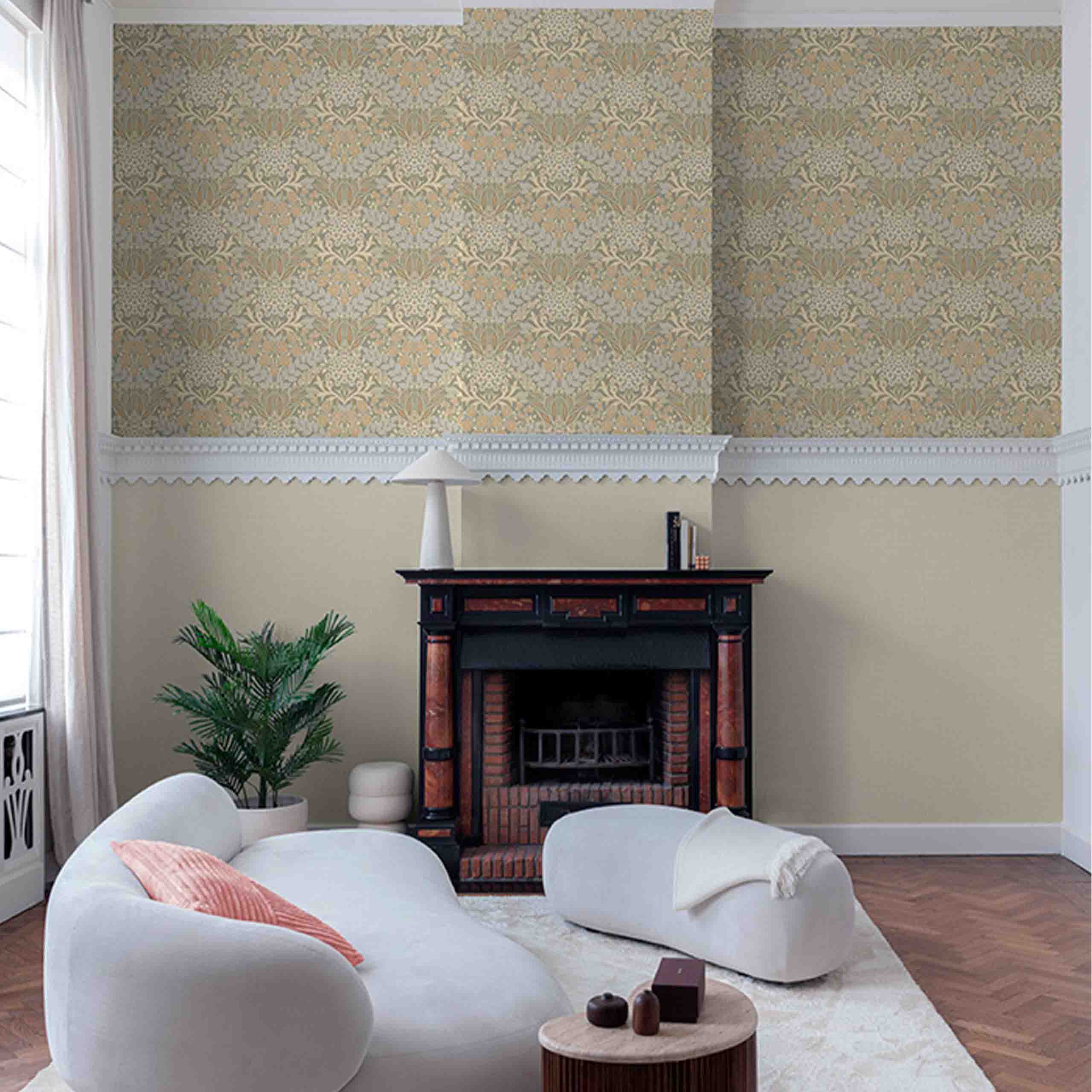 Liora wallpaper displayed in a sophisticated living room setting, featuring floral motifs in timeless taupe tones.