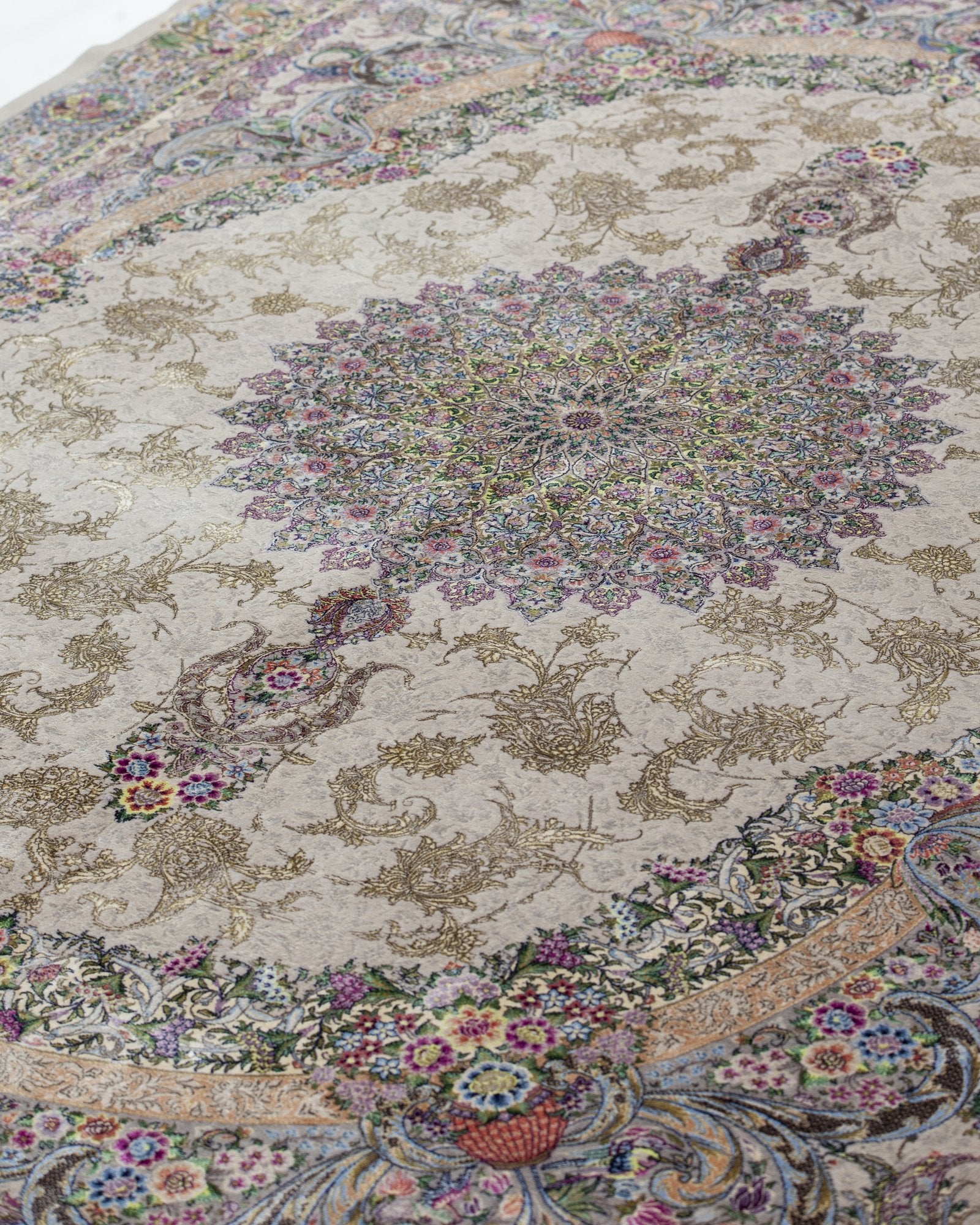 Livia Persian silk and wool rug pile texture and sheen, ivory beige 200 x 300 cm - Tabeer Homes Dubai