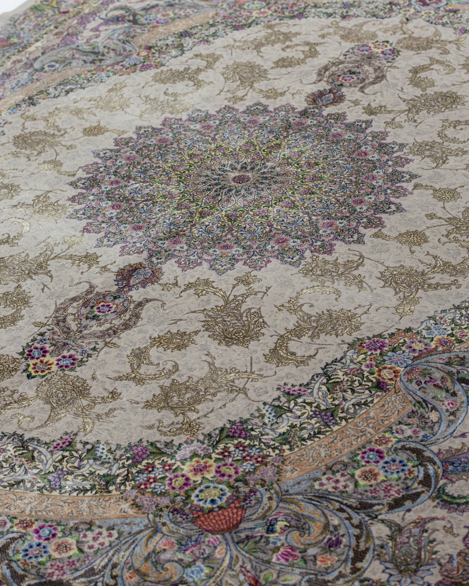 Livia silk and wool carpet angled view showing ivory beige tones, 200 x 300 cm - Tabeer Homes Dubai