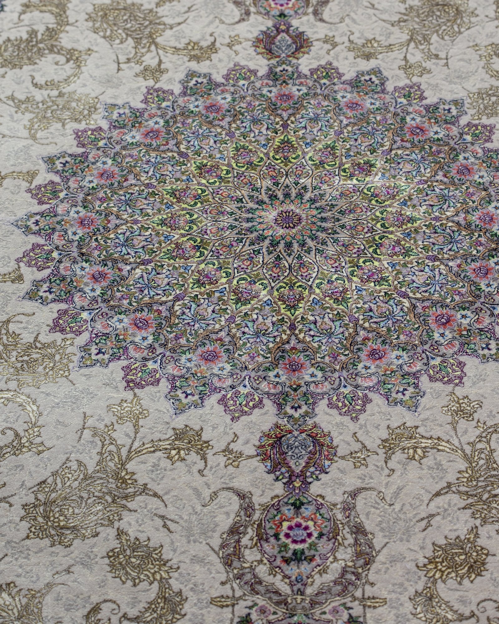 Livia silk and wool carpet floral motif close-up in ivory beige, 200 x 300 cm - Tabeer Homes Dubai