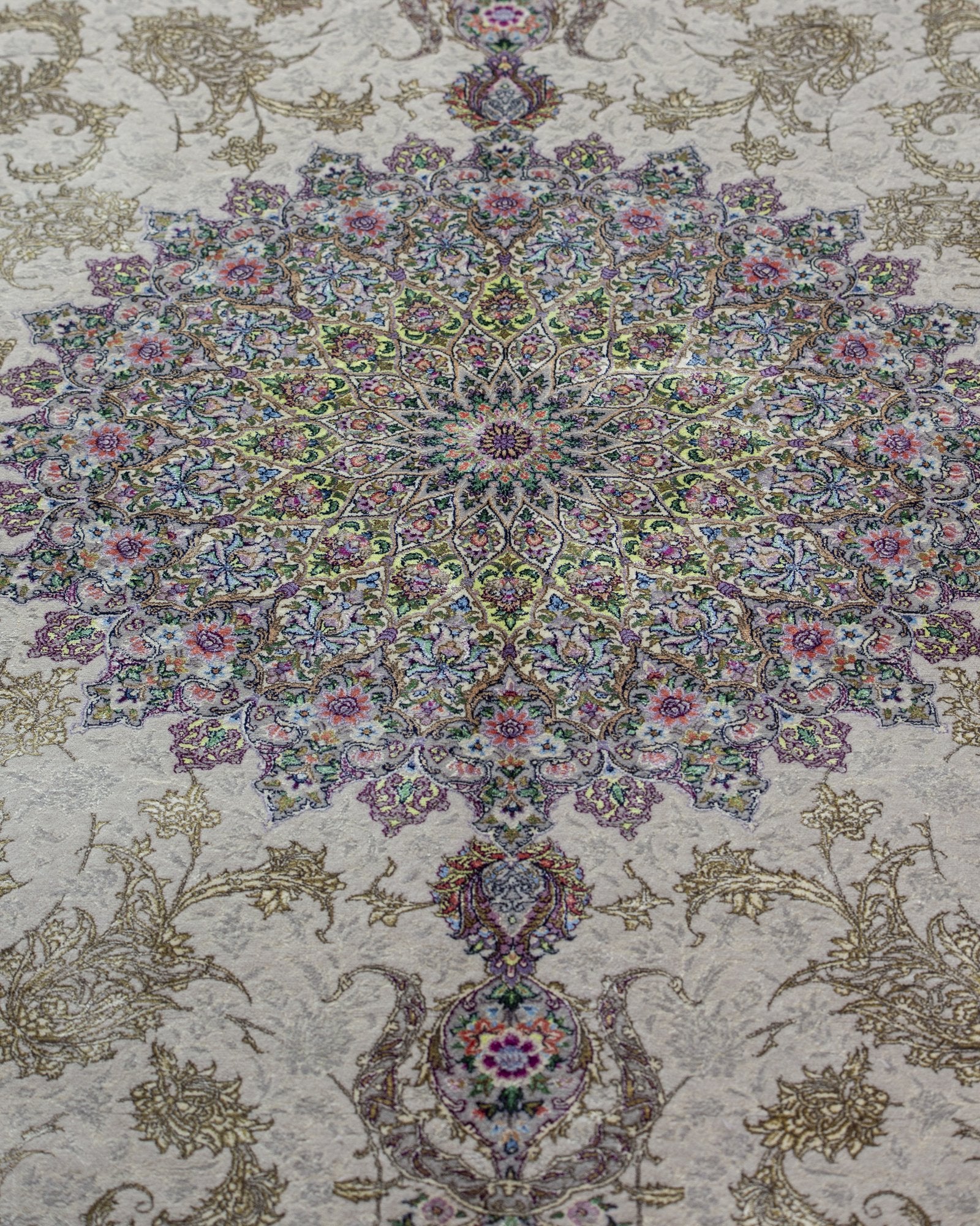 Livia Persian silk and wool rug folded corner showing fine weave, ivory beige 200 x 300 cm - Tabeer Homes Dubai