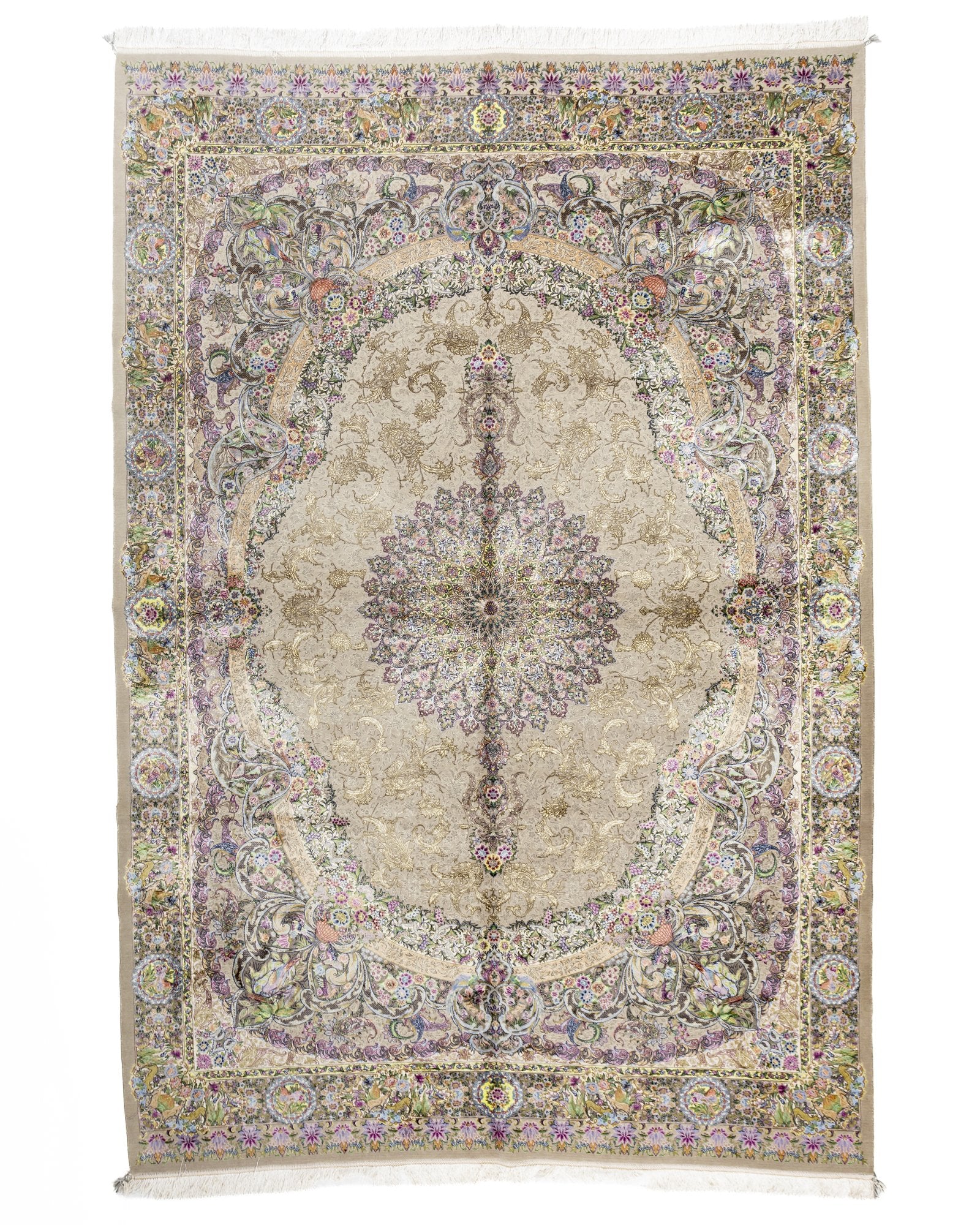 Livia Persian silk and wool carpet 200 x 300 cm in ivory beige, full overhead view - Tabeer Homes Dubai