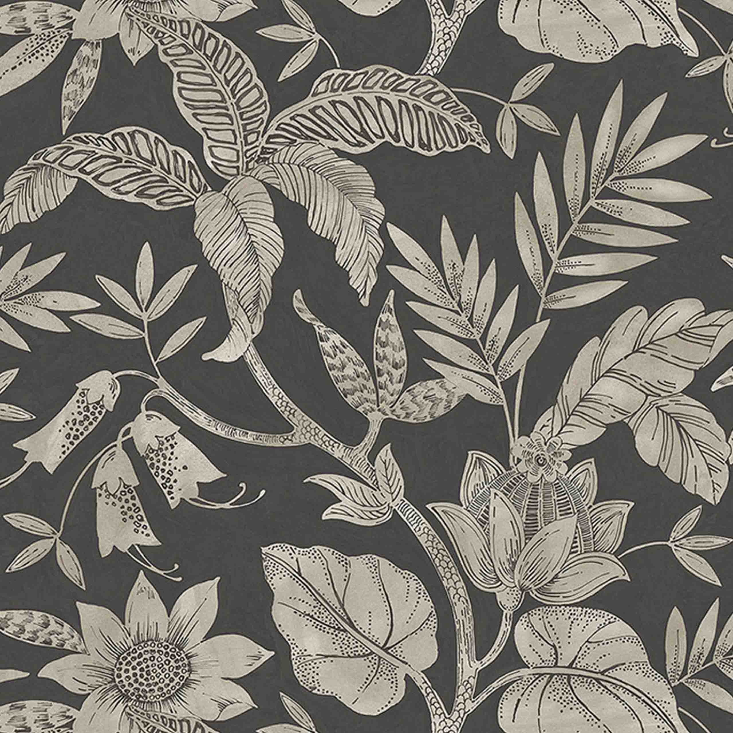 Luminara paper wallpaper featuring elegant floral designs in black and grey tones, perfect for creating a sophisticated and timeless interior.