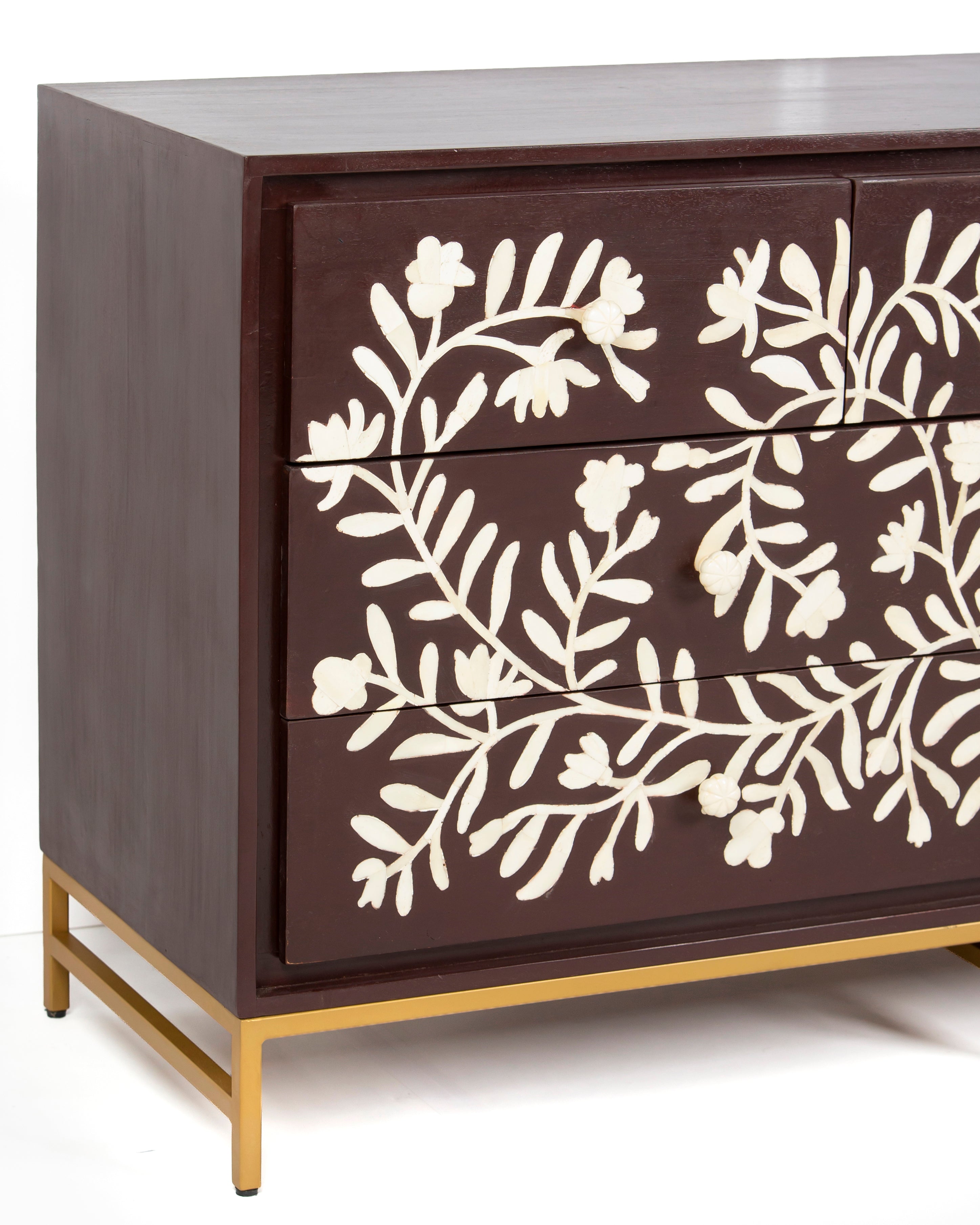 Corner detail of Luna burgundy bone inlay chest of drawers