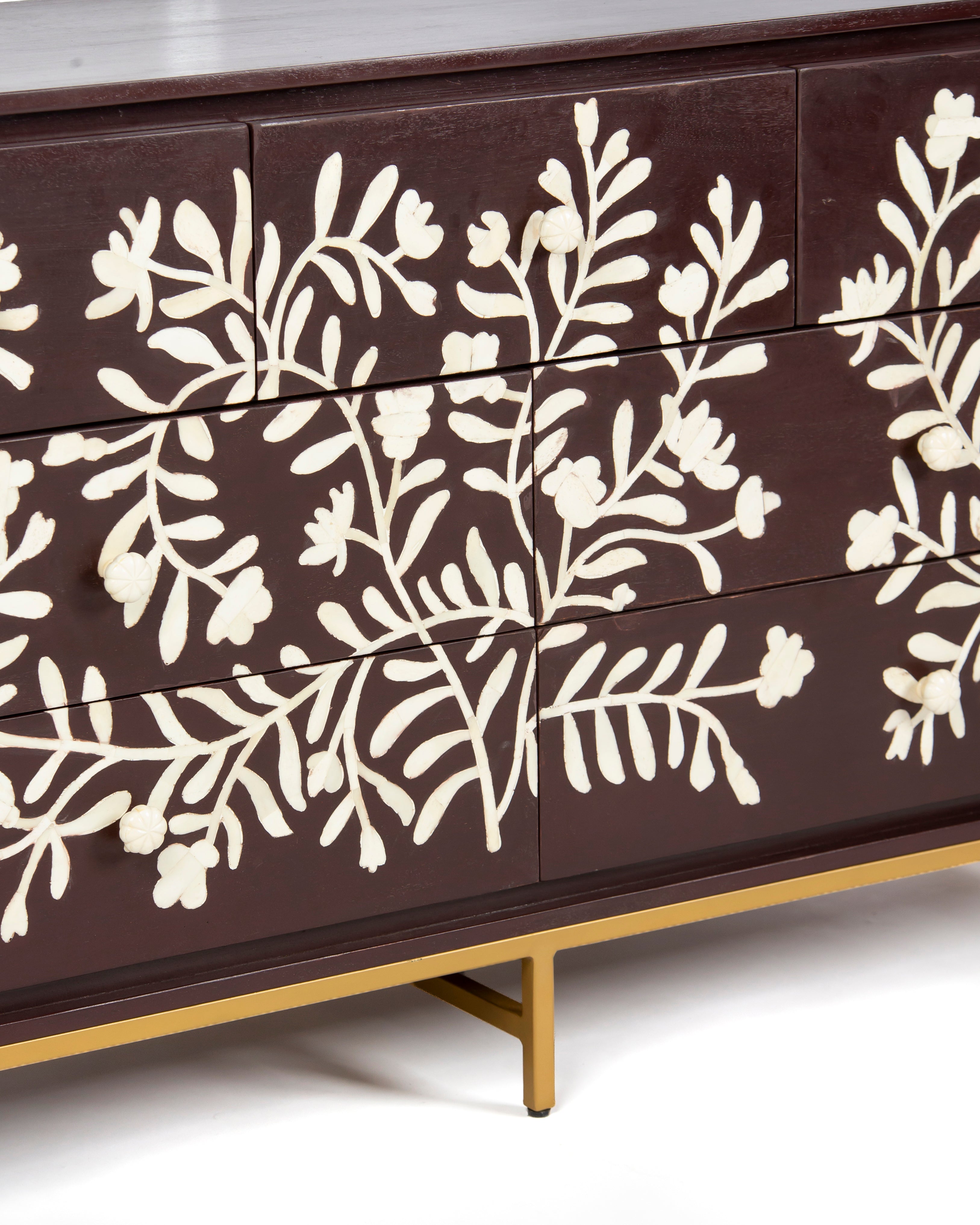Brushed gold metal base of Luna burgundy bone inlay dresser