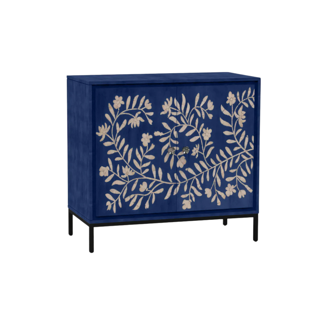 Handcrafted blue cabinet with floral mother of pearl inlay, featuring intricate detailing and elegant modern design.