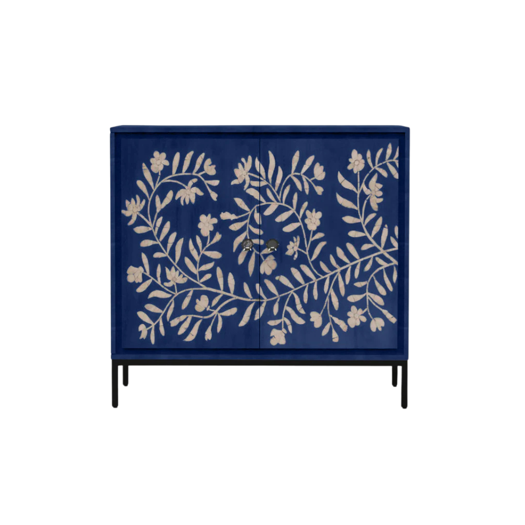 Handcrafted blue cabinet with floral mother of pearl inlay, featuring intricate detailing and elegant modern design.
