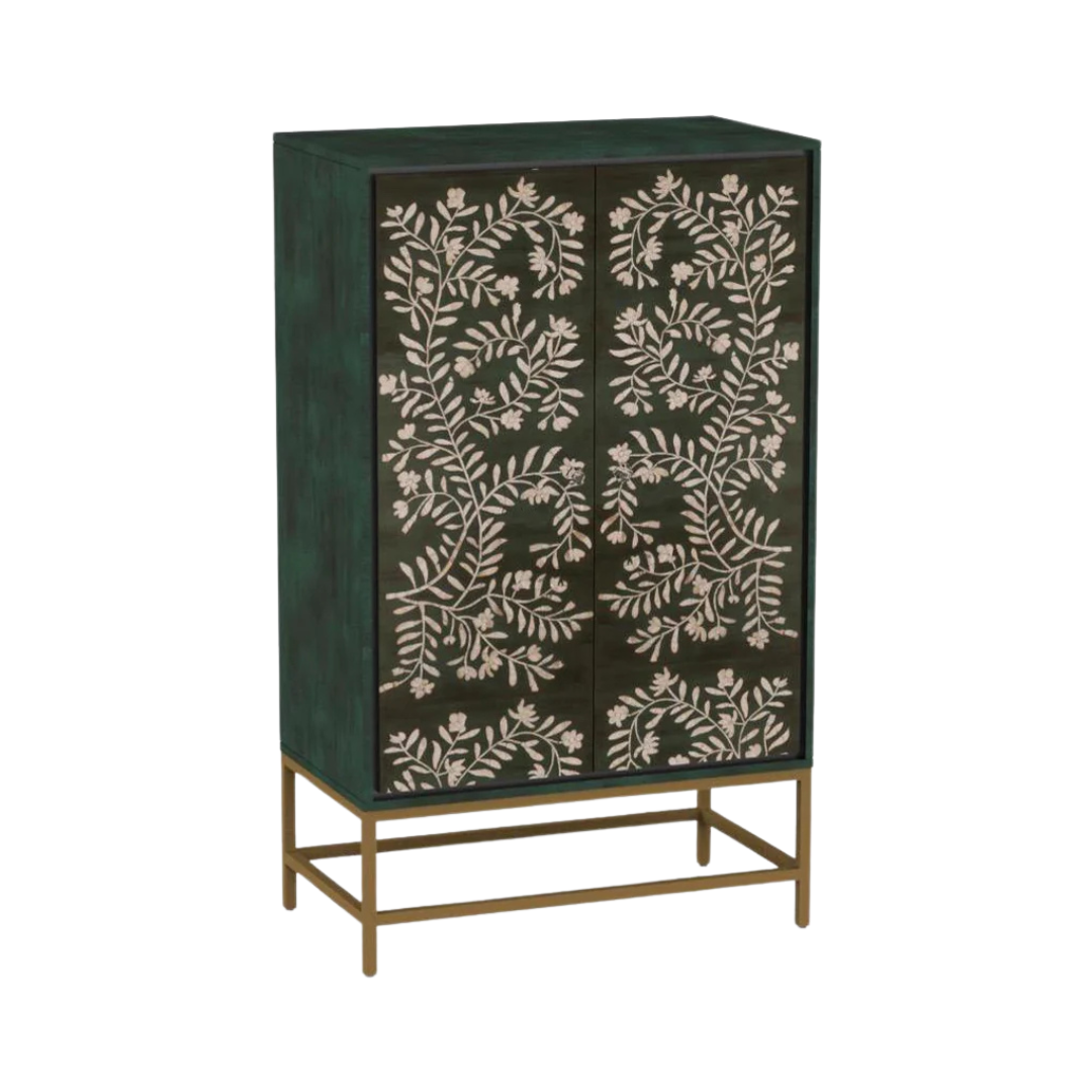 Handcrafted green cabinet with floral mother of pearl inlay, two doors, and versatile storage for dining or entryway use.
