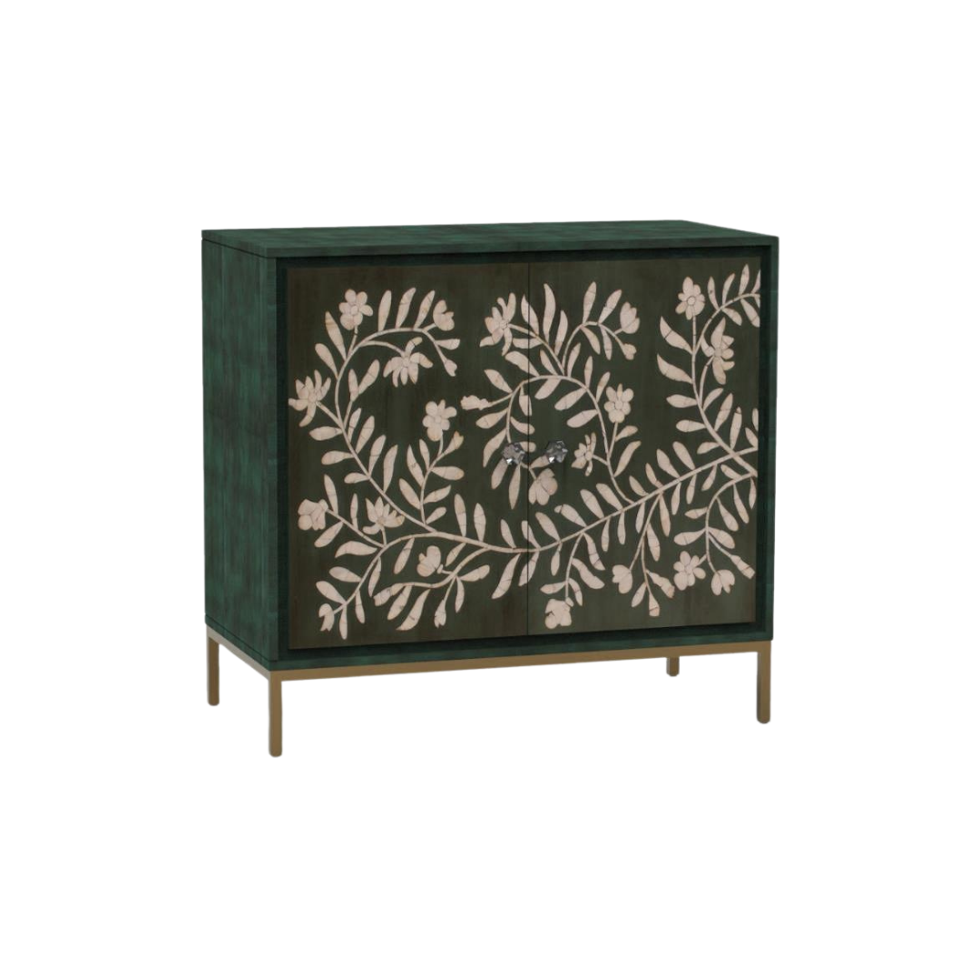 Handcrafted green cabinet with floral mother of pearl inlay, featuring intricate detailing and elegant modern design.