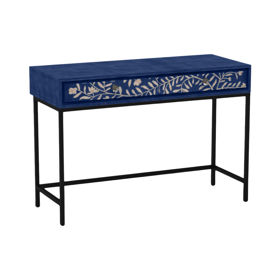 Handcrafted blue console table with floral mother of pearl inlay, three spacious drawers, and sleek black legs for a refined, modern look.