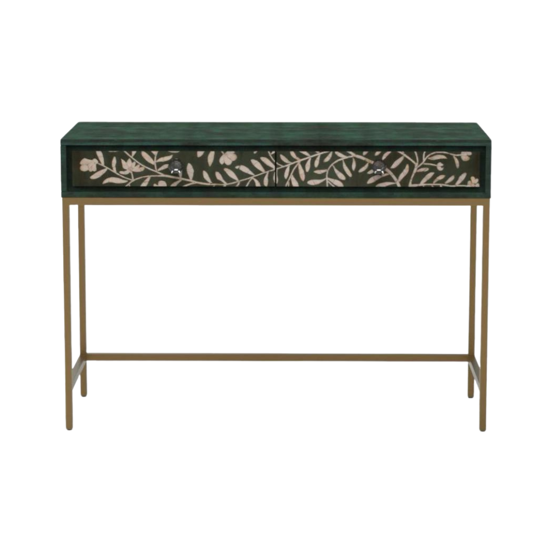 Handcrafted green console table with floral mother of pearl inlay, three spacious drawers, and sleek gold legs for a refined, modern look.