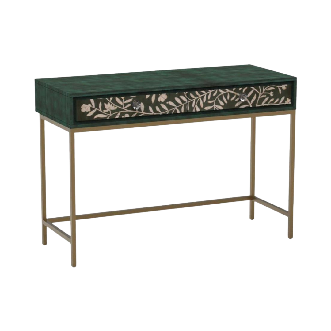 Handcrafted green console table with floral mother of pearl inlay, three spacious drawers, and sleek gold legs for a refined, modern look.