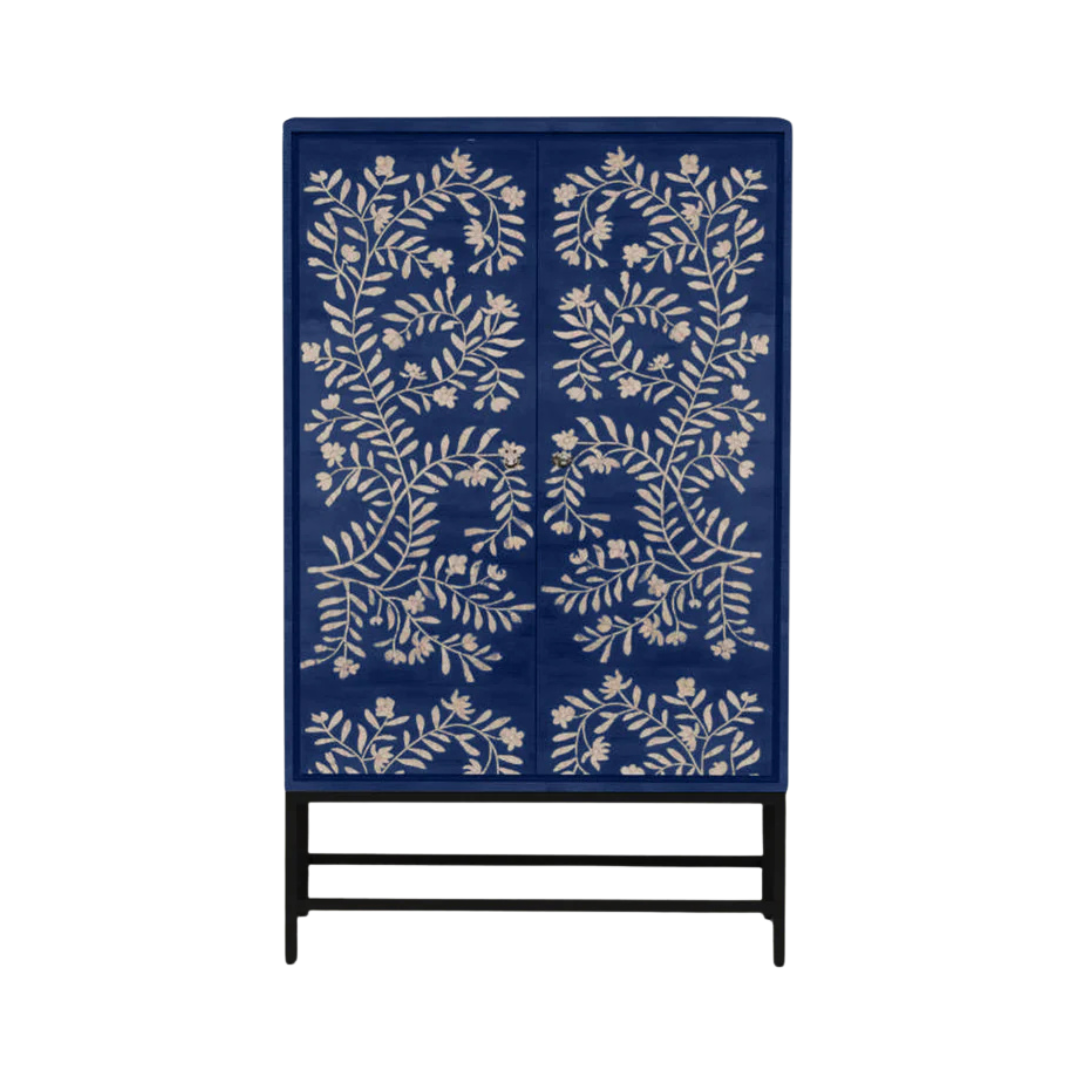 Handcrafted blue cabinet with floral mother of pearl inlay, two doors, and versatile storage for dining or entryway use.