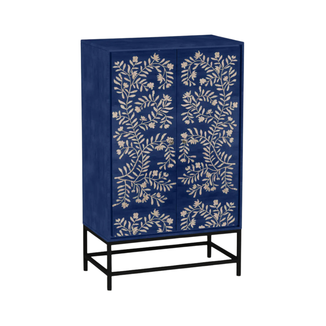 Handcrafted blue cabinet with floral mother of pearl inlay, two doors, and versatile storage for dining or entryway use.