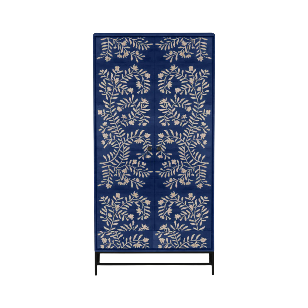Handcrafted tall cabinet with floral mother of pearl inlay, two doors, and ample storage for use as a wardrobe or shoe cabinet.