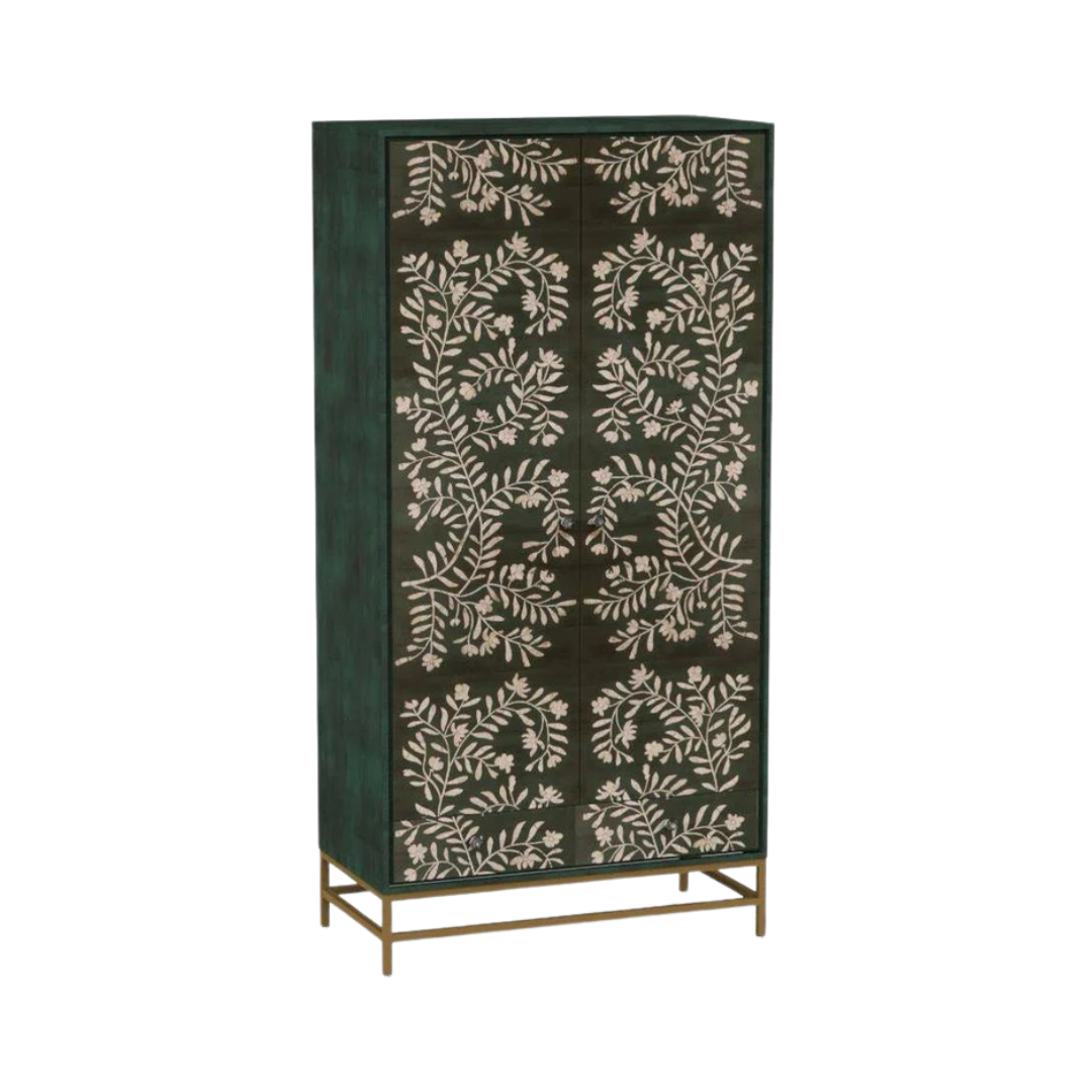 Handcrafted tall cabinet with floral mother of pearl inlay, two doors, and ample storage for use as a wardrobe or shoe cabinet.