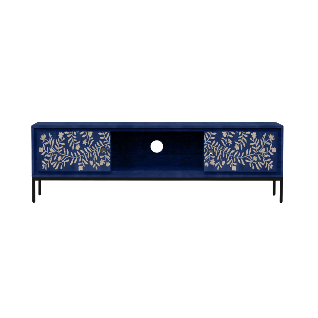 Handcrafted blue TV unit with floral mother of pearl inlay, two spacious cabinets, and central wiring access for a refined, modern setup.