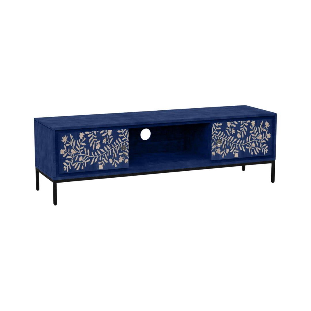 Handcrafted blue TV unit with floral mother of pearl inlay, two spacious cabinets, and central wiring access for a refined, modern setup.